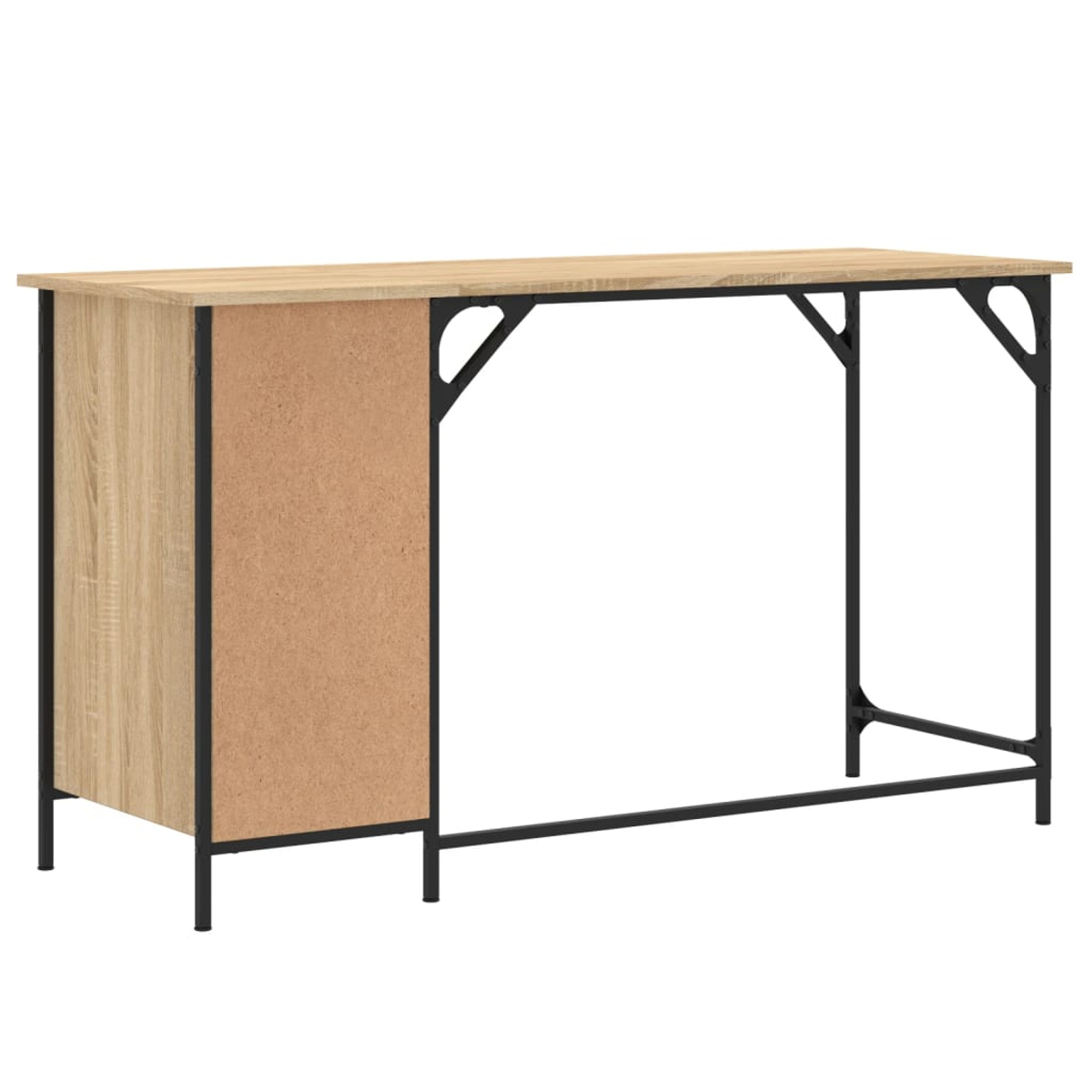 Ein helles Holzschreibtisch mit schwarzem Metallrahmen. Er hat einen Schrank auf der linken Seite und Freiraum rechts.