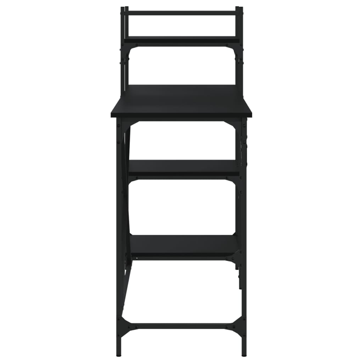 Ein schwarzer Schreibtisch mit mehreren Regalen und einem oberen Regal. Der Schreibtisch ist leer, mit minimalistischem Design, und steht auf weißem Hintergrund.