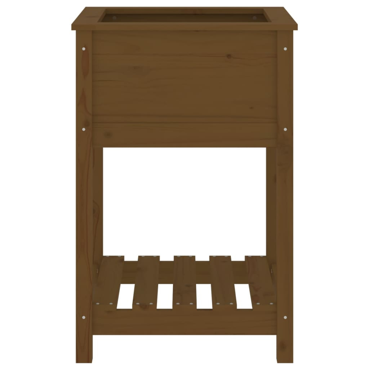 Ein brauner Holzpflanzer mit rechteckiger Oberseite, offenem Mittelteil und einem Lattenboden. Schrauben sichtbar.