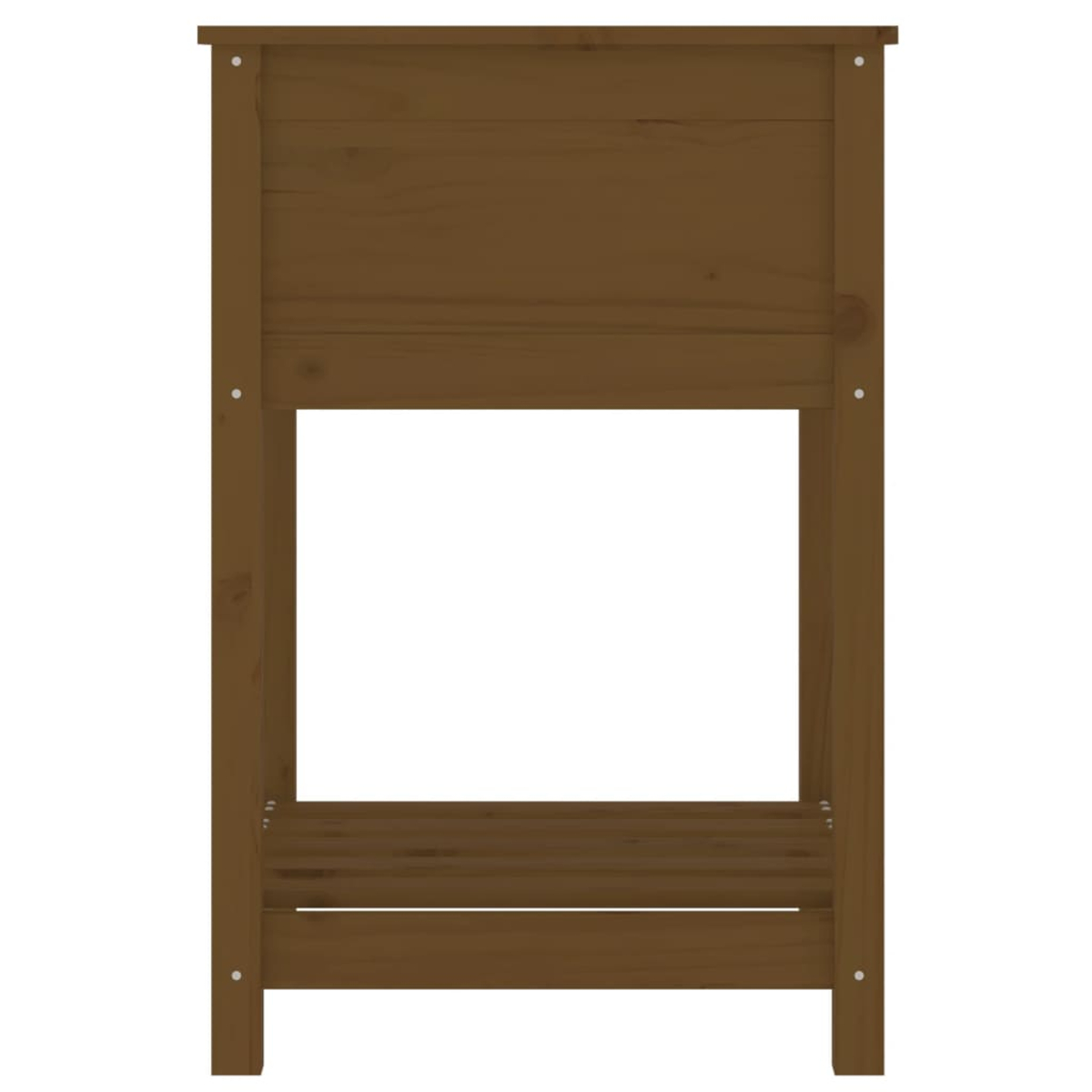 Ein brauner Beistelltisch aus Holz mit einer Oberseite, einer offenen Mitte und einem unteren Regal. Der Tisch steht vor weißem Hintergrund.