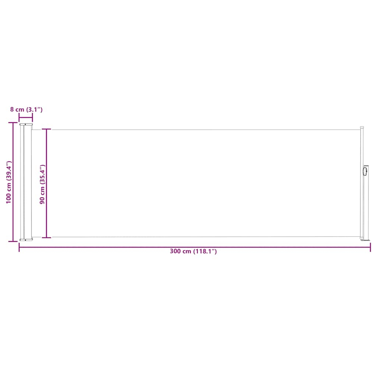 Diagramm einer weißen Struktur mit den Maßen: 300 cm breit, 100 cm hoch und 8 cm dick. Enthält Beschriftungen in cm und Zoll.