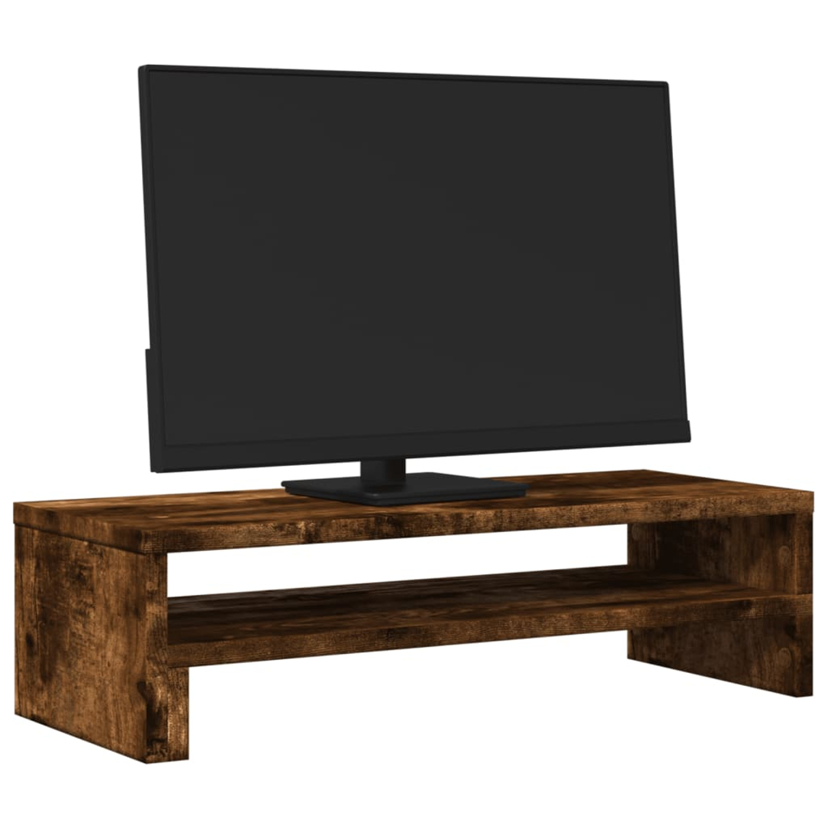 Ein schwarzer Computermonitor steht auf einem braunen TV-Ständer aus Holz. Der Ständer hat ein unteres Regal. Der Hintergrund ist weiß.