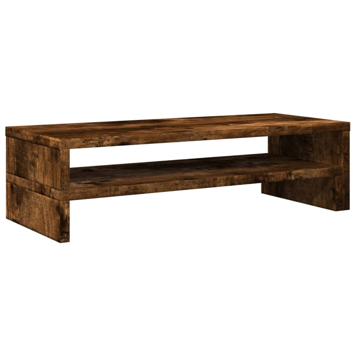Eine braune Medienkonsole aus Holz mit zwei Regalen. Die Konsole hat eine rechteckige Form und steht vor weißem Hintergrund.