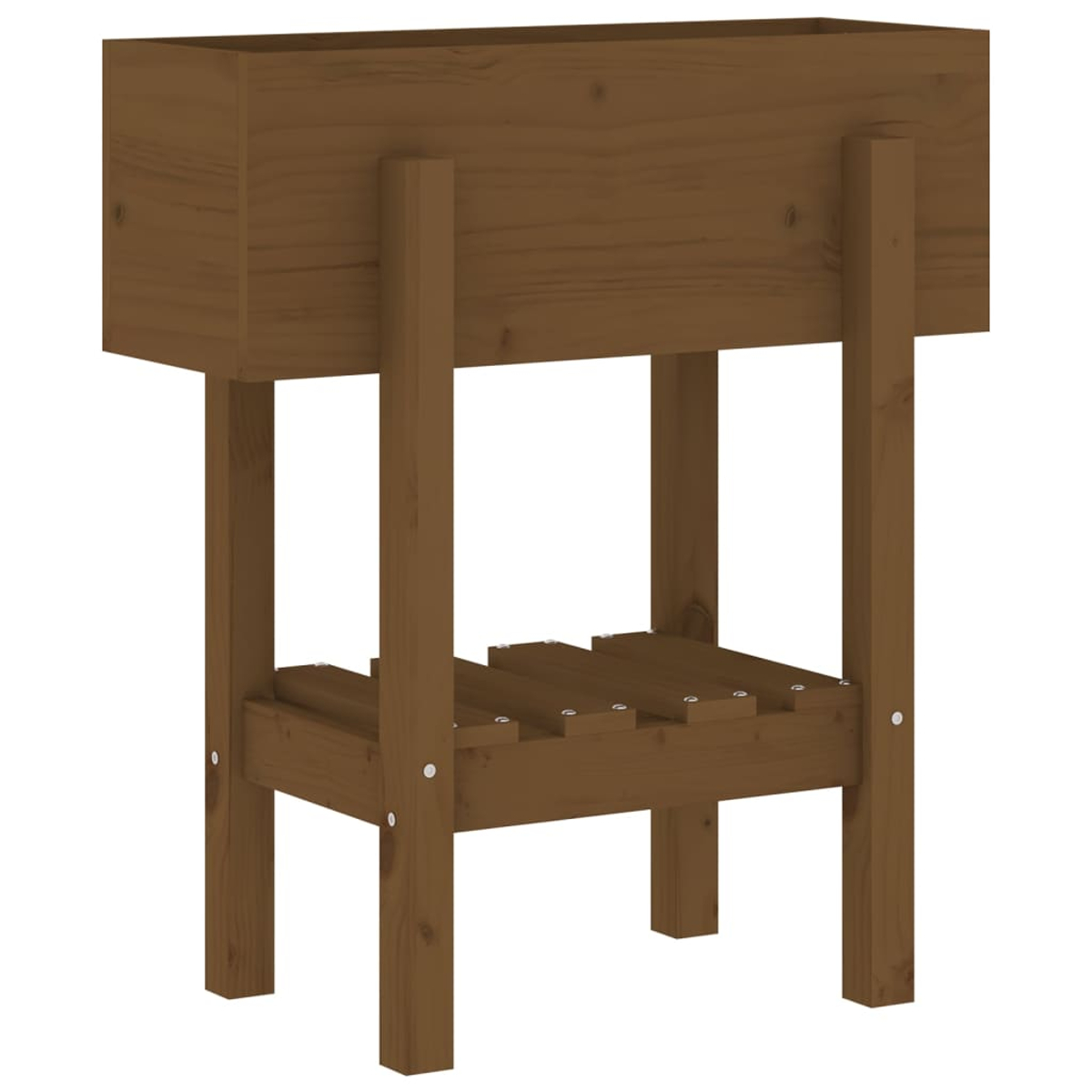 Ein brauner Pflanzkasten aus Holz mit einem Regal, getragen von vier Beinen. Er besteht aus Brettern und Schrauben.