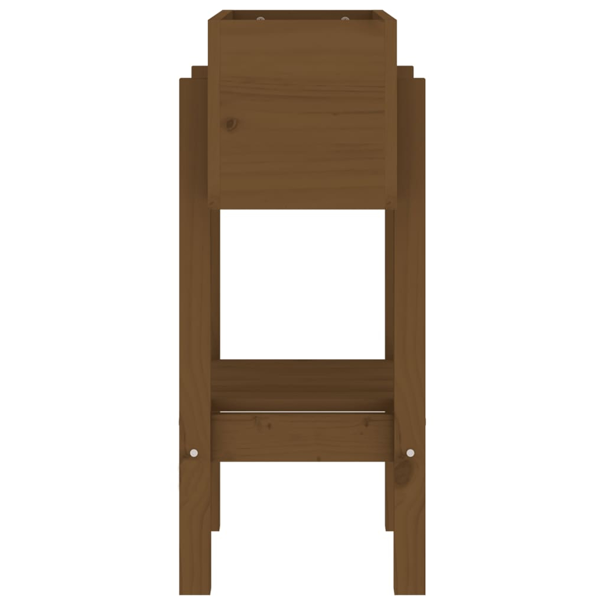 Ein brauner Holzpflanzkasten mit einer rechteckigen Öffnung. Er hat vier Beine und steht vor einem weißen Hintergrund.