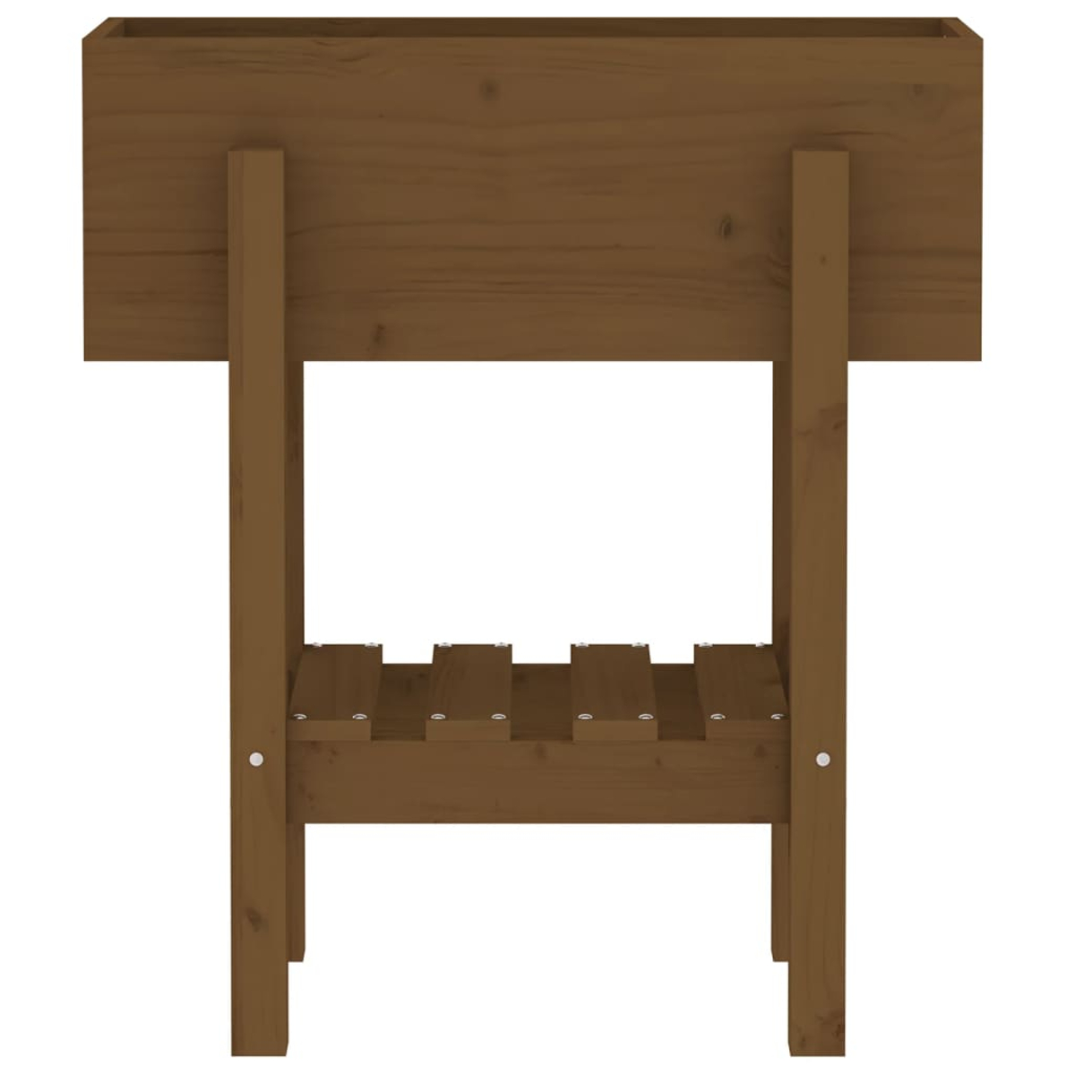 Ein brauner Holzpflanzkasten mit Beinen und einem Lattenregal. Er ist leer und steht vor einem weißen Hintergrund.
