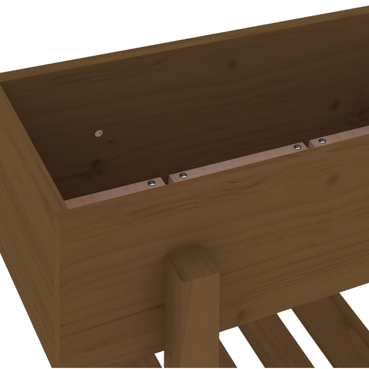 Braune Holz-Pflanzkasten mit sichtbaren Schrauben. Die Kiste ist leer und hat eine rechteckige Form.