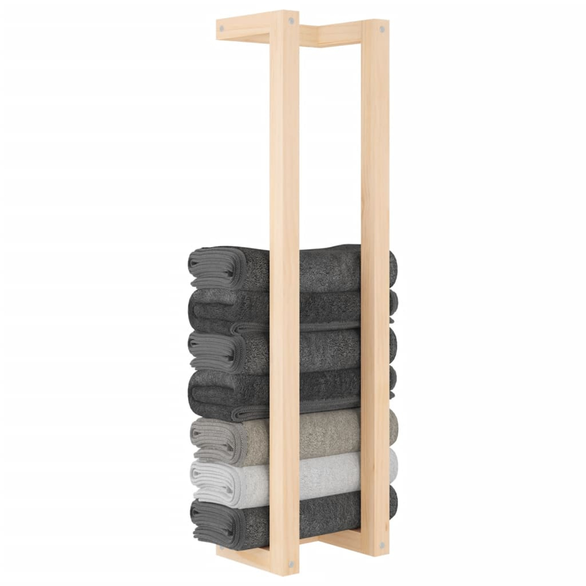 Holz-Handtuchhalter mit gestapelten grauen, beigen und weißen Handtüchern. Der Ständer ist helles Holz, die Handtücher sind gefaltet.