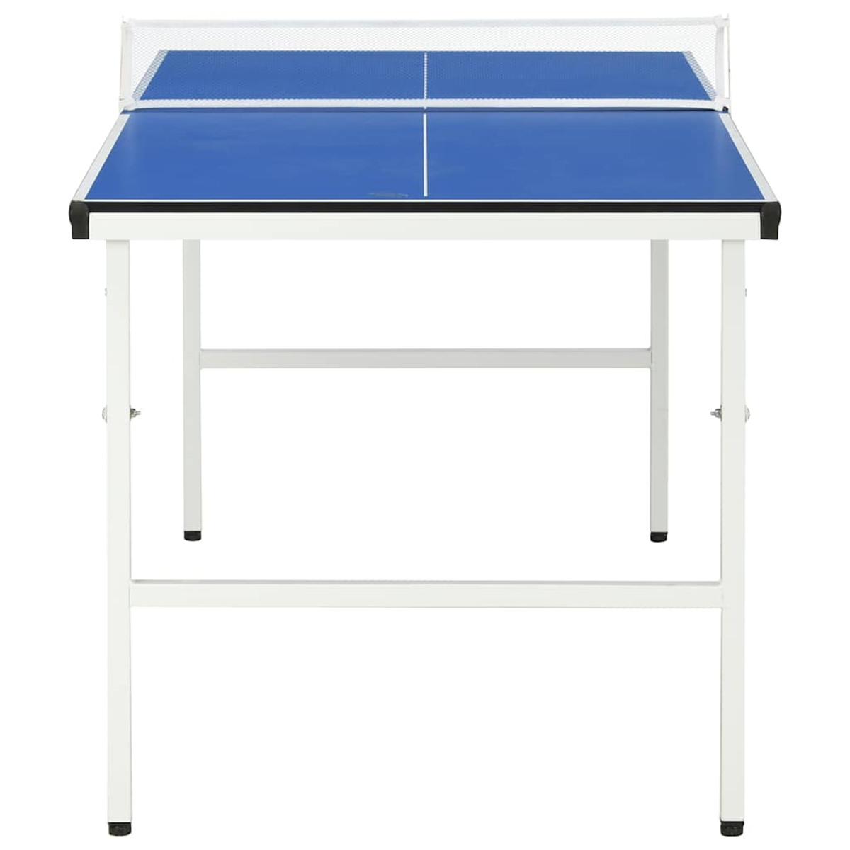 Ein blauer Tischtennistisch mit weißem Netz. Er hat weiße Beine und einen schwarzen Rand. Der Tisch ist leer und spielbereit.