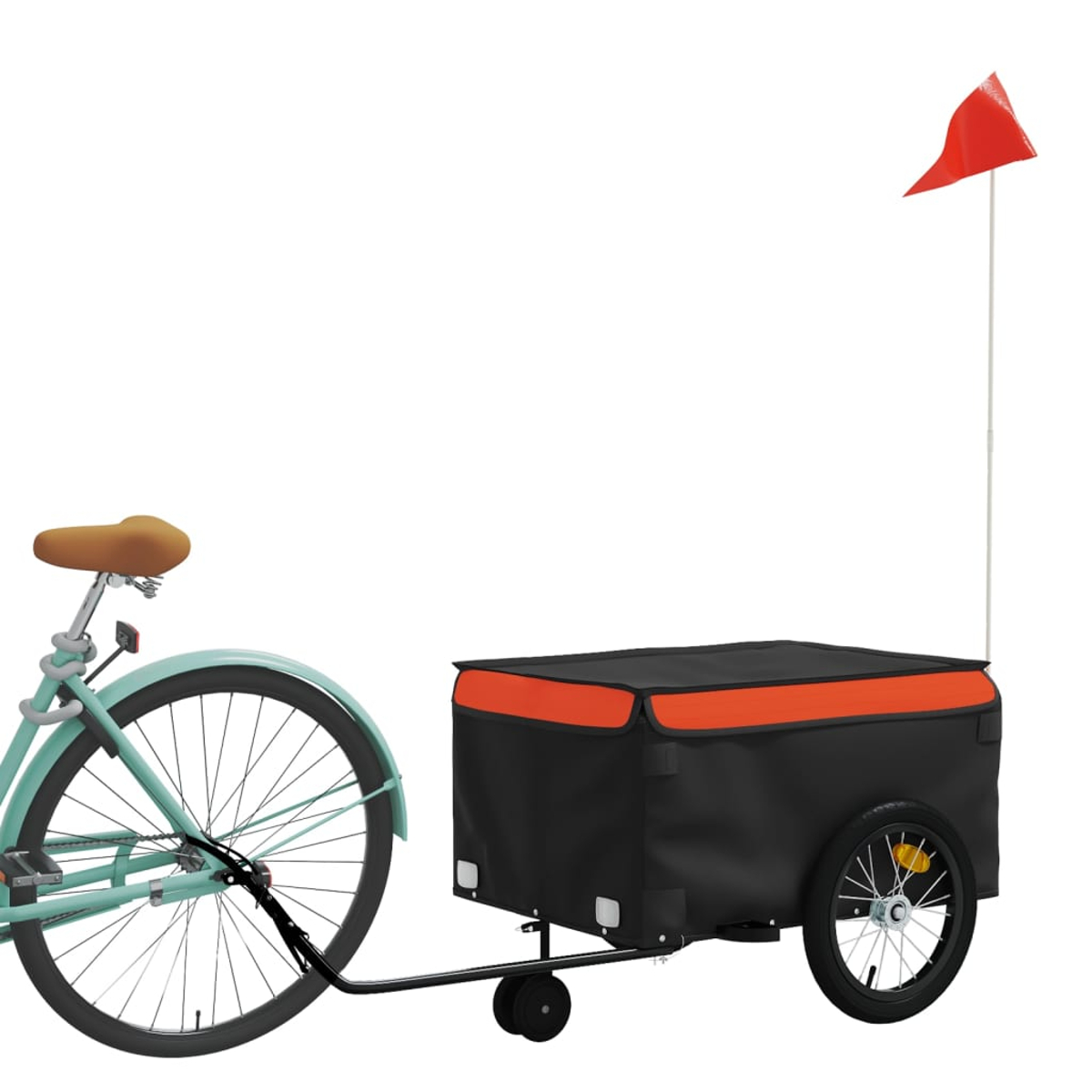 Ein Fahrrad mit einem schwarzen Anhänger. Der Anhänger hat eine rote Fahne und einen orangefarbenen Rand. Das Fahrrad ist hellblau mit einem braunen Sitz.