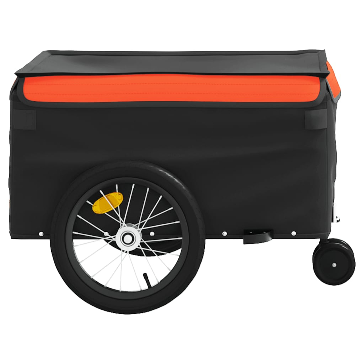 Ein schwarz-oranger Fahrradanhänger mit zwei Rädern. Der Anhänger ist rechteckig mit schwarzem Deckel und orangem Streifen.