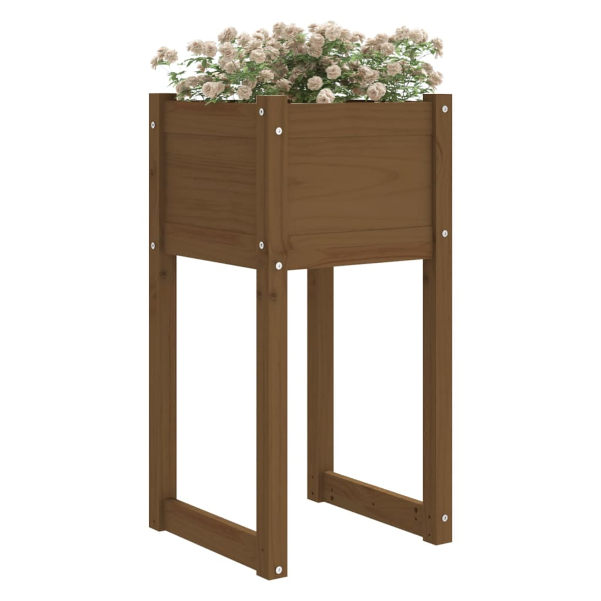 Ein brauner Holzpflanzer mit Blumen auf weißem Hintergrund. Der Pflanzer ist rechteckig und auf Beinen erhöht.