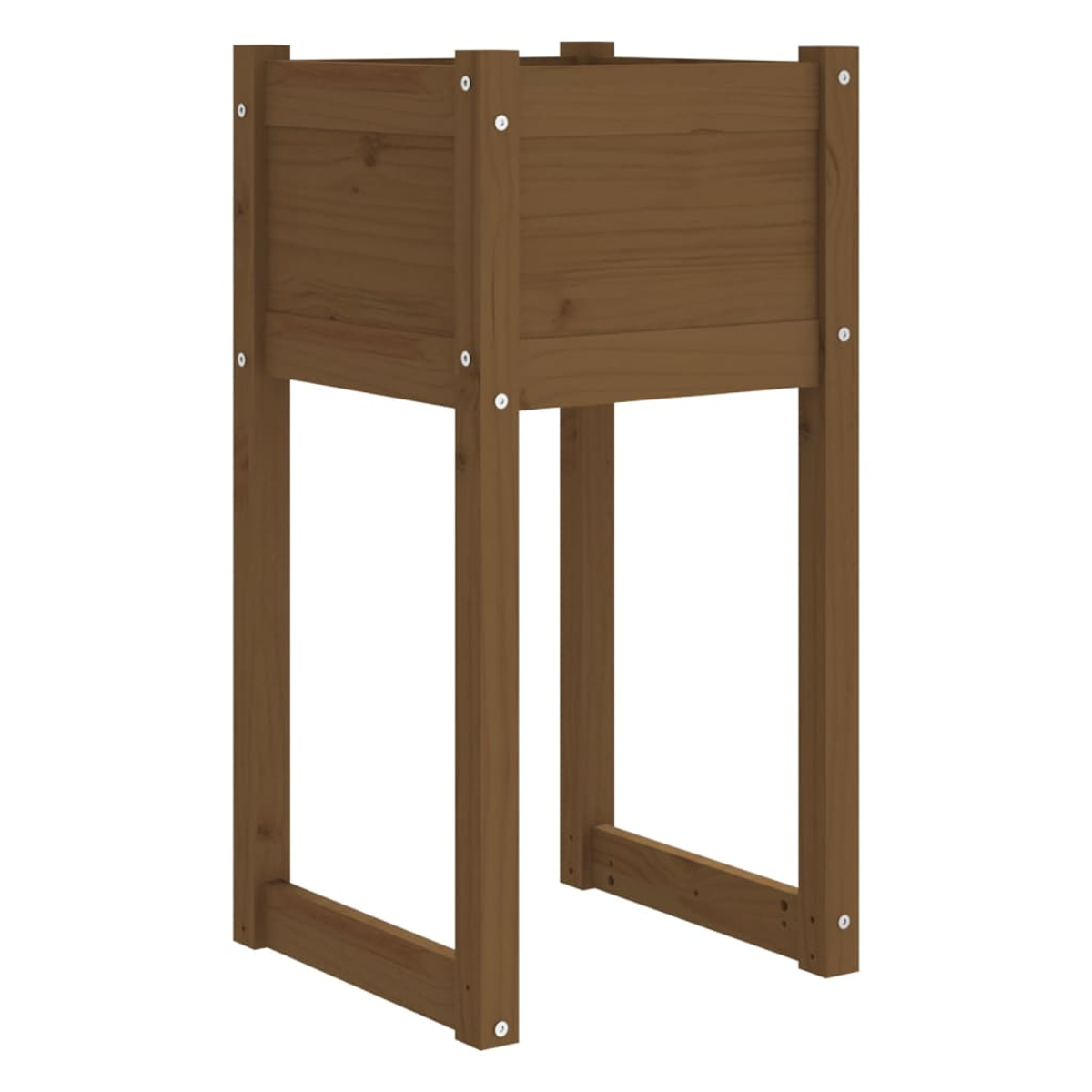 Brauner Pflanzkasten aus Holz auf Beinen. Die Box hat sichtbare Holzmaserung und ist mit Schrauben befestigt. Die Beine sind ebenfalls braun.