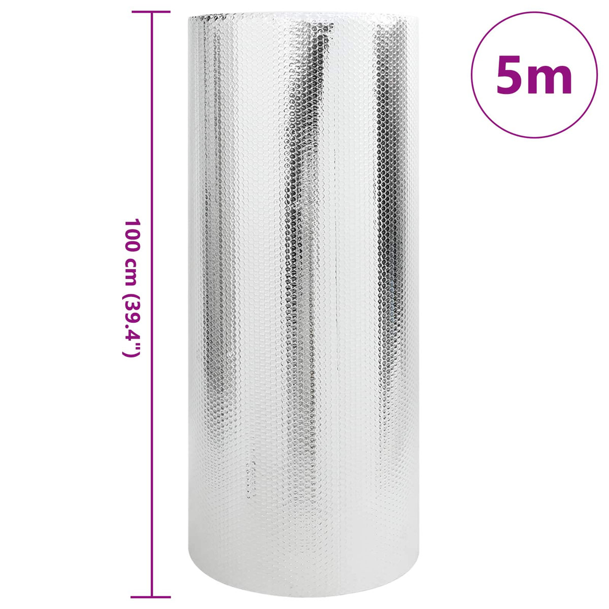 Eine Rolle silbernen Isoliermaterials. Eine violette Linie zeigt die Höhe, 100 cm. Ein violetter Kreis rechts hat „5 m“ geschrieben.