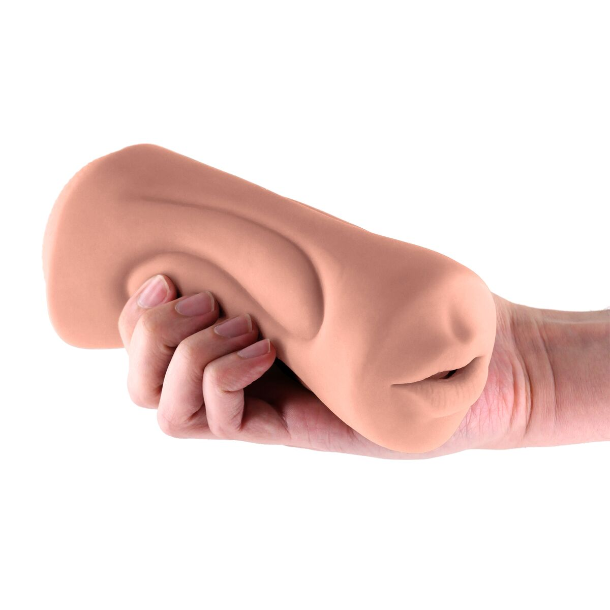 Eine Hand hält ein fleischfarbenes Sexspielzeug. Das Spielzeug hat eine gebogene Form und einen Gesichtseindruck. Weißer Hintergrund.