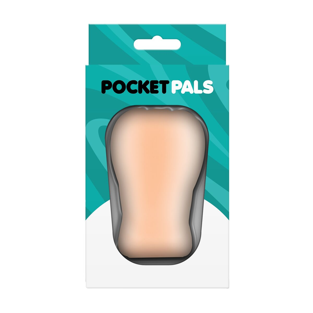 Produktbox mit dem Text 'Pocket Pals'. Im Inneren befindet sich ein fleischfarbenes Objekt. Die Box ist türkis und weiß.