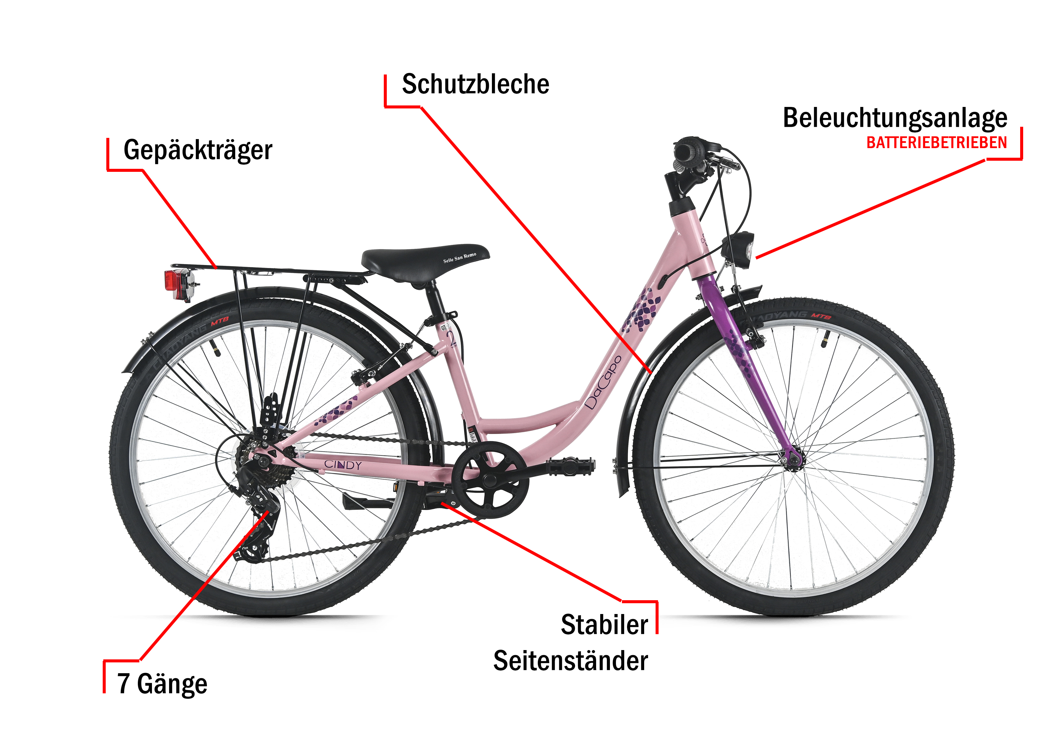 Ein rosa DaCapo-Fahrrad mit schwarzen Reifen, einem Gepäckträger und 7 Gängen. Es hat eine lila Gabel und Kotflügel.
