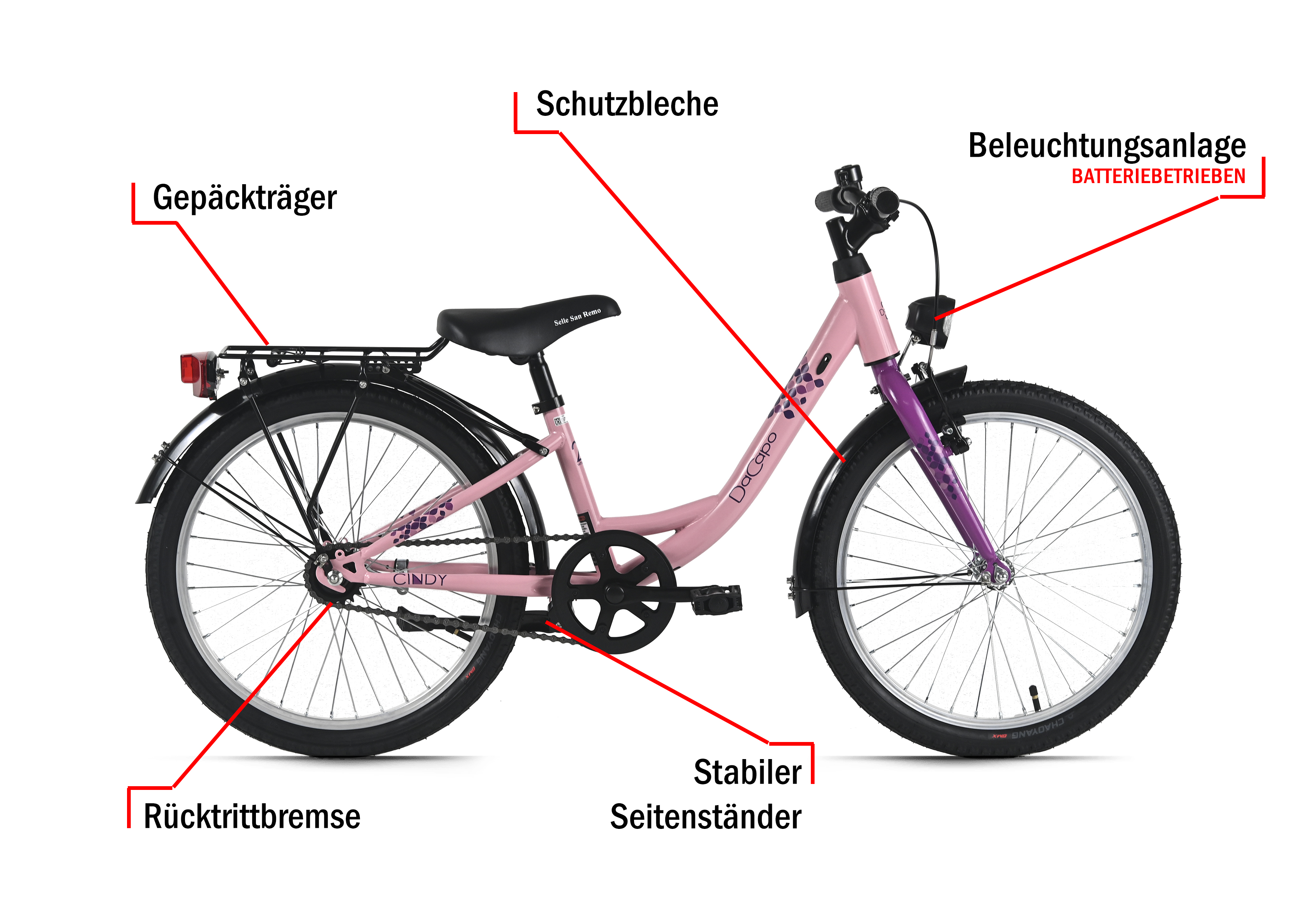 Rosa Kinderfahrrad mit schwarzen Reifen und Komponenten, beschrifteten Teilen und einem schwarzen Sattel.