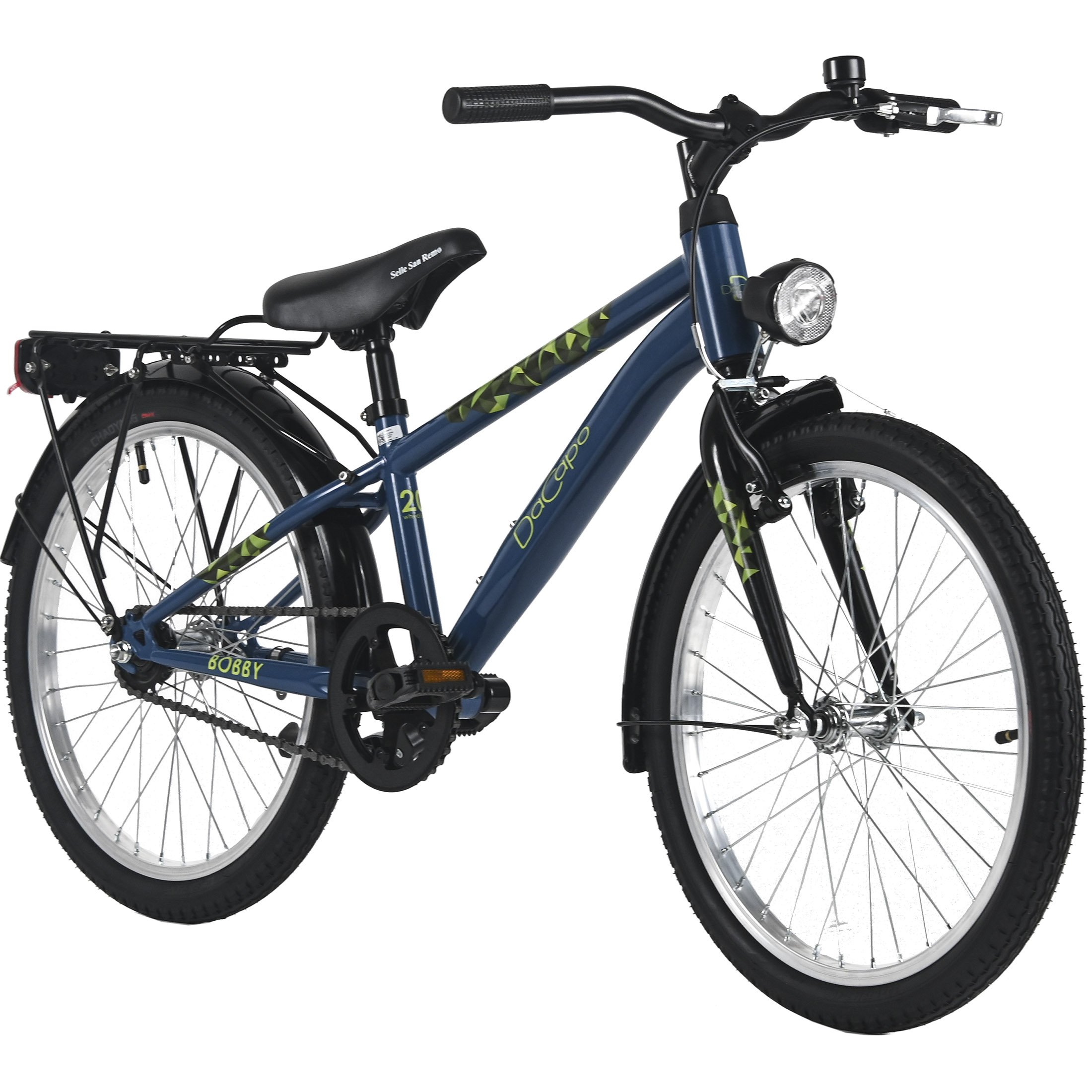 Ein blaues Kinderfahrrad mit schwarzen Reifen und Scheinwerfer. Es hat das Wort "DaCapo" auf dem Rahmen.