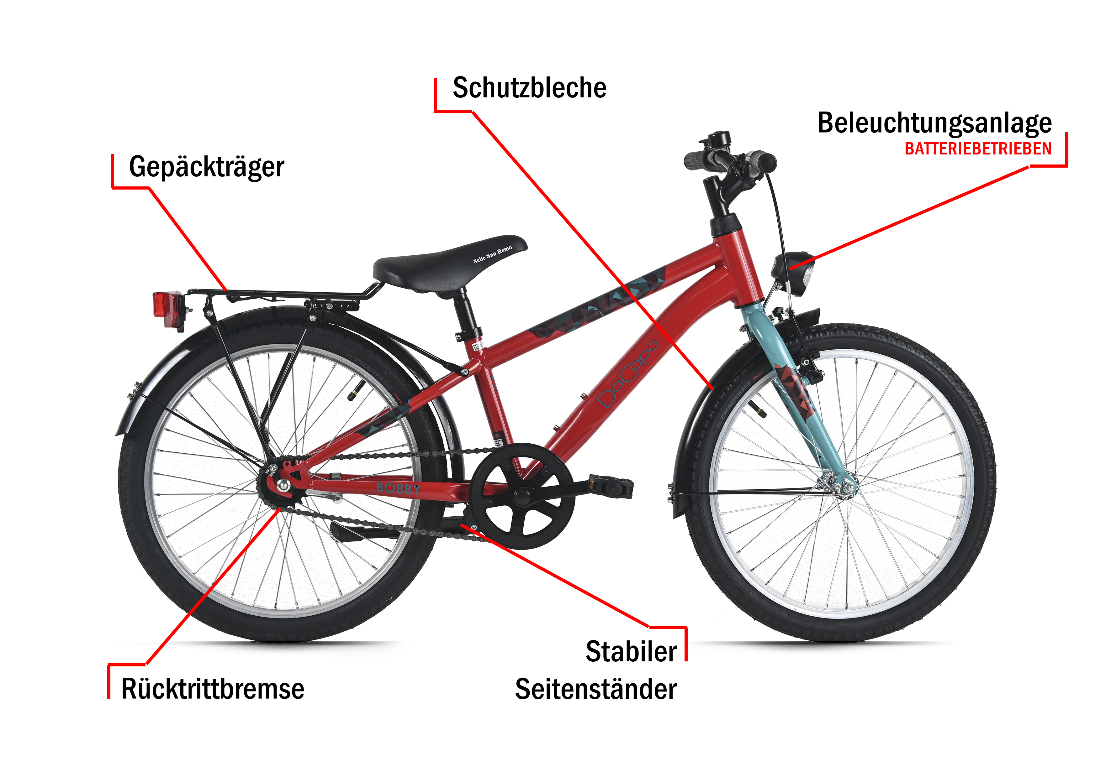 Ein rotes Fahrrad mit schwarzen Reifen und einem schwarzen Sattel. Es hat einen Gepäckträger und Lichter.