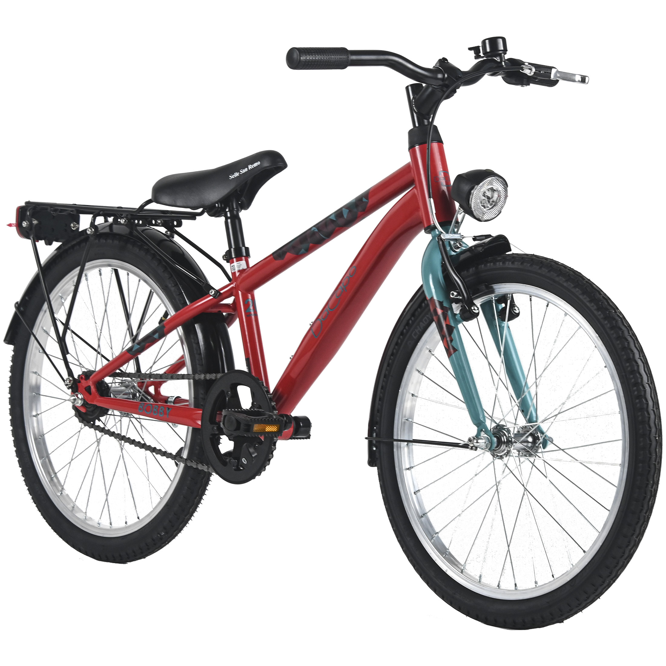 Ein rotes und türkisfarbenes Kinderfahrrad auf weißem Hintergrund. Es hat schwarze Reifen, einen schwarzen Sitz und einen Scheinwerfer.