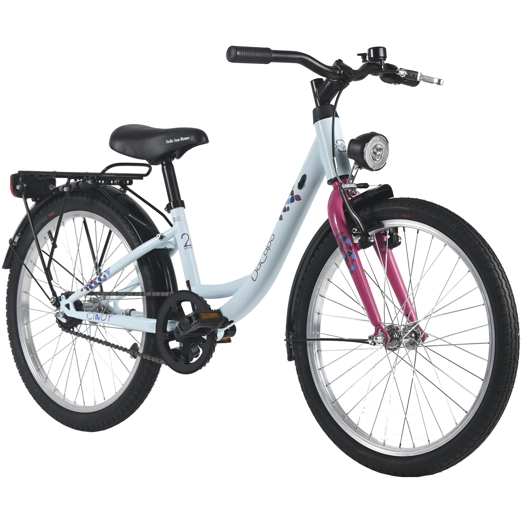 Ein hellblaues und pinkfarbenes Fahrrad. Es hat schwarze Reifen und einen schwarzen Sitz. Der Hintergrund ist weiß.