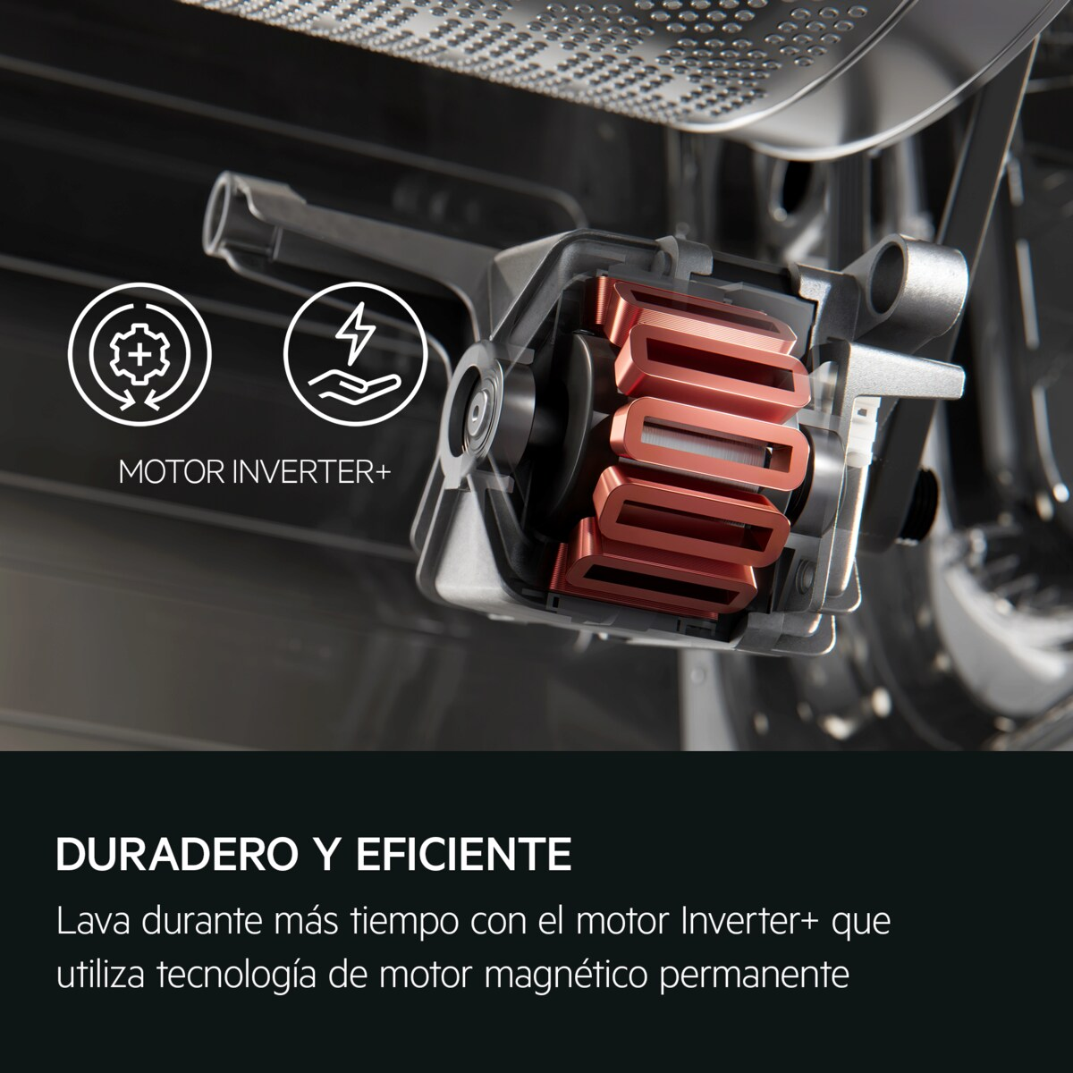Obraz przedstawia silnik z czerwonymi cewkami, tekst 'MOTOR INVERTER+' i 'DURADERO Y EFICIENTE'. Ma również ikonę błyskawicy.