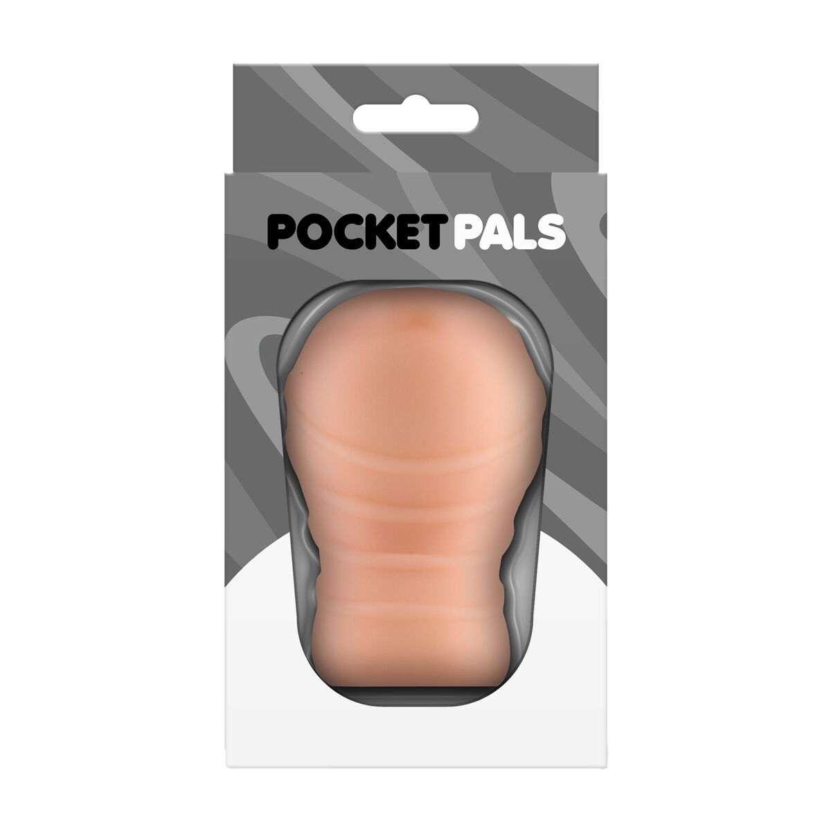 Ein Pocket Pals-Produkt in einer Schachtel. Das Produkt ist ein fleischfarbenes Sexspielzeug. Die Schachtel ist grau und weiß mit dem Markennamen.