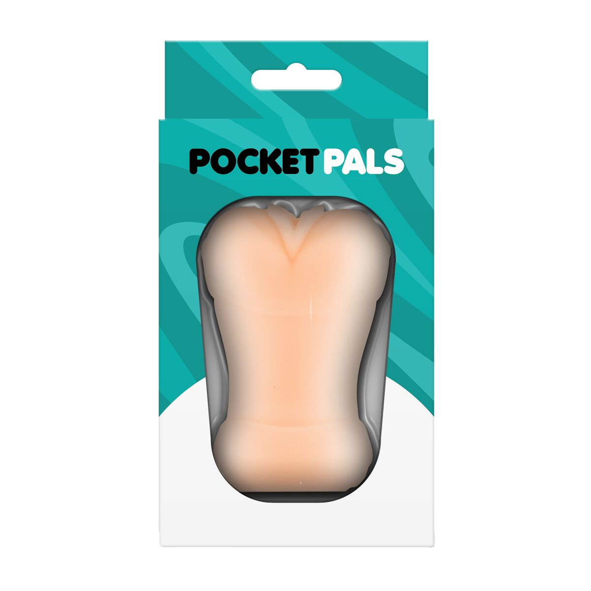 Ein Pocket Pals-Produkt in einer teal- und weißen Verpackung. Das Produkt ist ein fleischfarbener, körperförmiger Artikel.