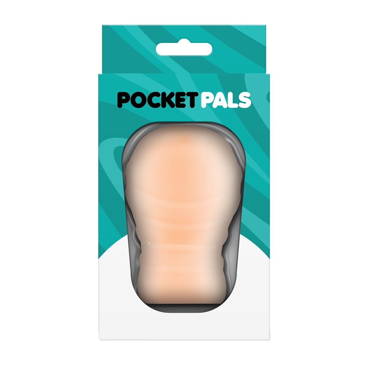 Ein Pocket Pals-Produkt in einer türkisfarbenen Verpackung. Die Packung enthält ein fleischfarbenes Sexspielzeug. Der Markenname ist auf der Verpackung sichtbar.