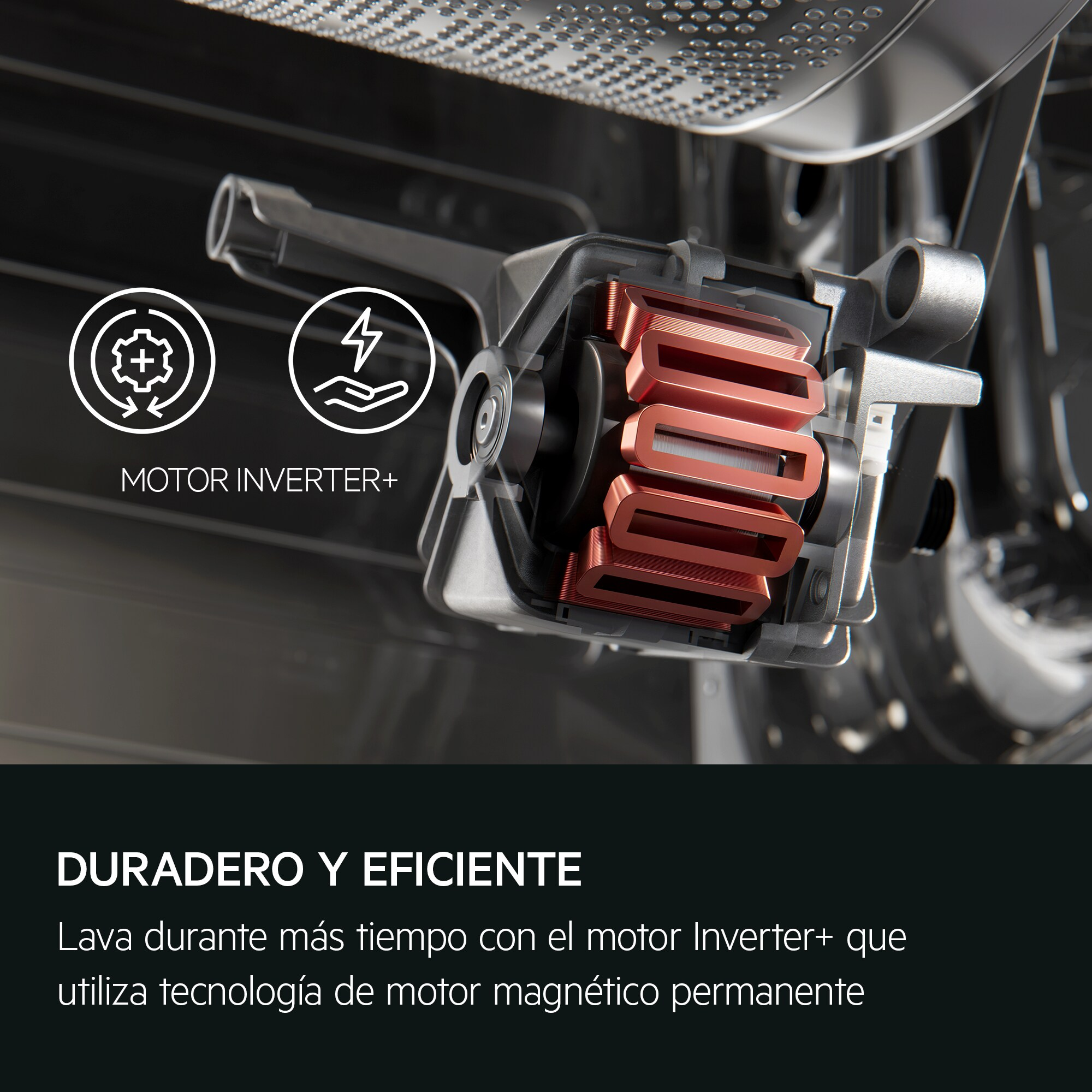 Obraz przedstawia silnik urządzenia. Zawiera miedziane cewki i napis 'MOTOR INVERTER+'.