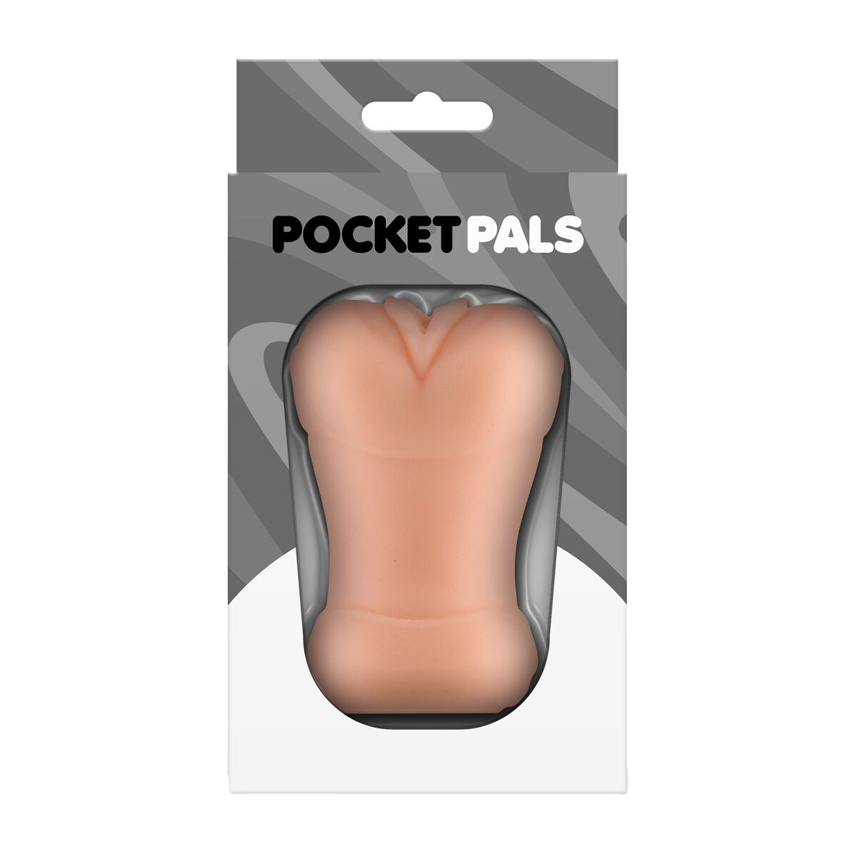 Ein Pocket Pals-Produkt in einer Verpackung. Das Produkt ist hautfarben und hat die Form eines Torsos. Die Verpackung ist grau und weiß.