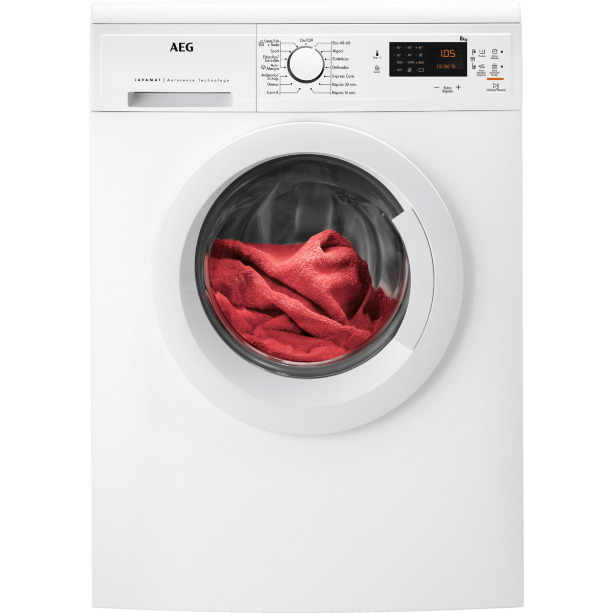 Biała pralka AEG. W szklanych drzwiach czerwony ręcznik. Elementy sterujące i wyświetlacz znajdują się na górze. Czarne tło.