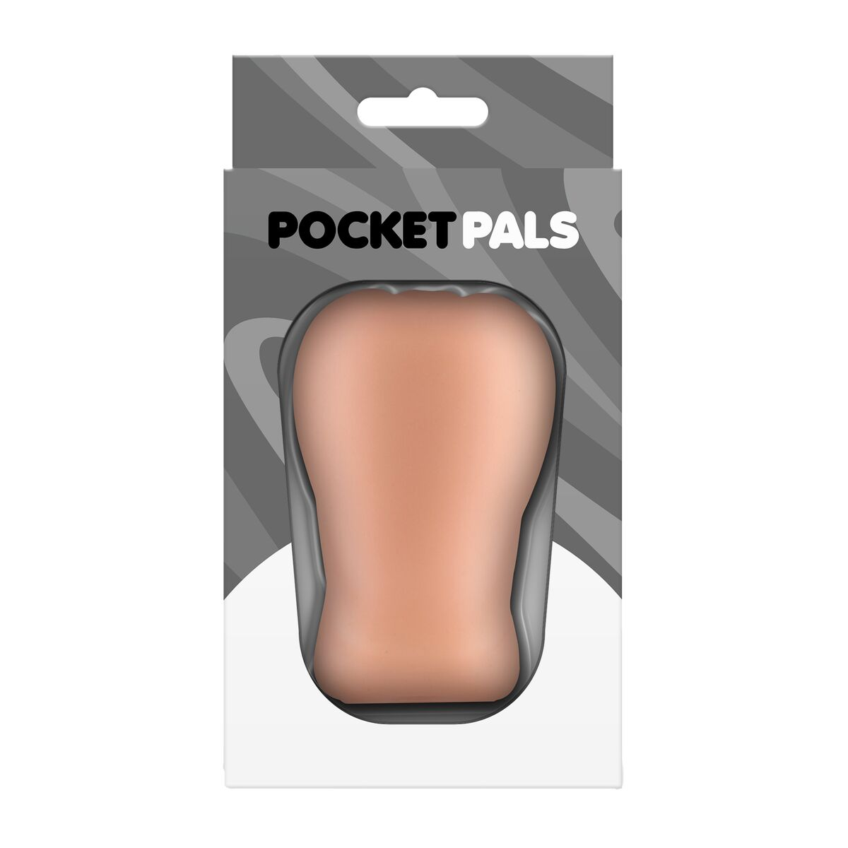 Eine Pocket Pals-Verpackung mit einem fleischfarbenen Sexspielzeug darin. Die Verpackung ist grau und weiß mit dem Markennamen auf der Vorderseite.