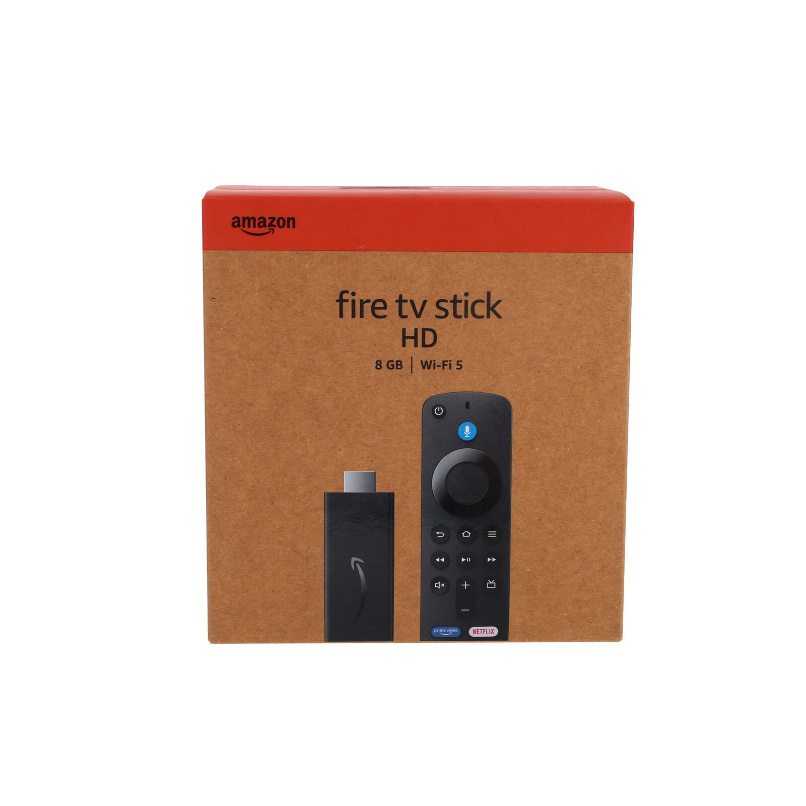 La scatola di Fire TV Stick HD con il telecomando. La scatola è marrone con il logo Amazon e i dettagli del prodotto.