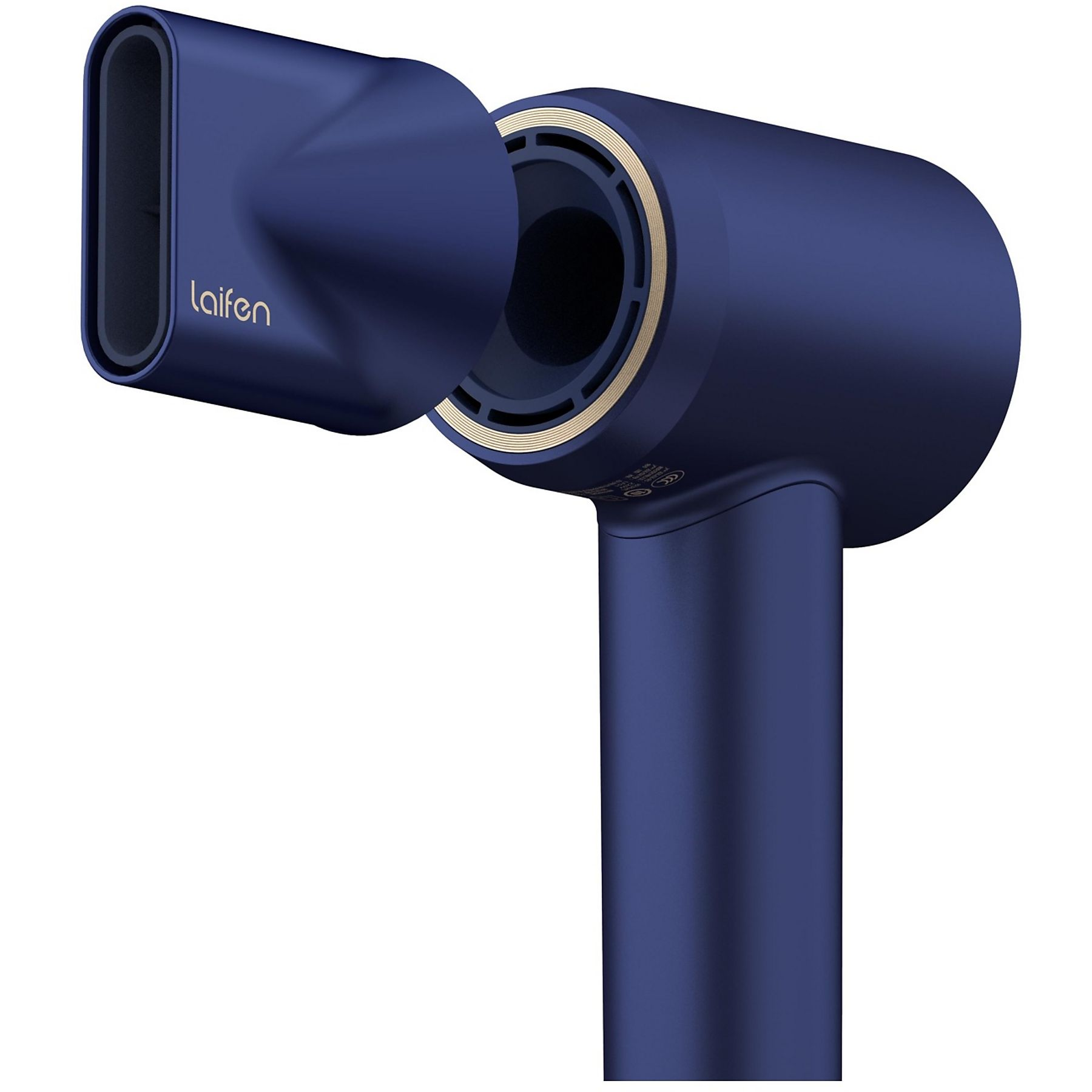 Un asciugacapelli Laifen blu navy. L'ugello è staccato. Ha accenti dorati e sfondo bianco.
