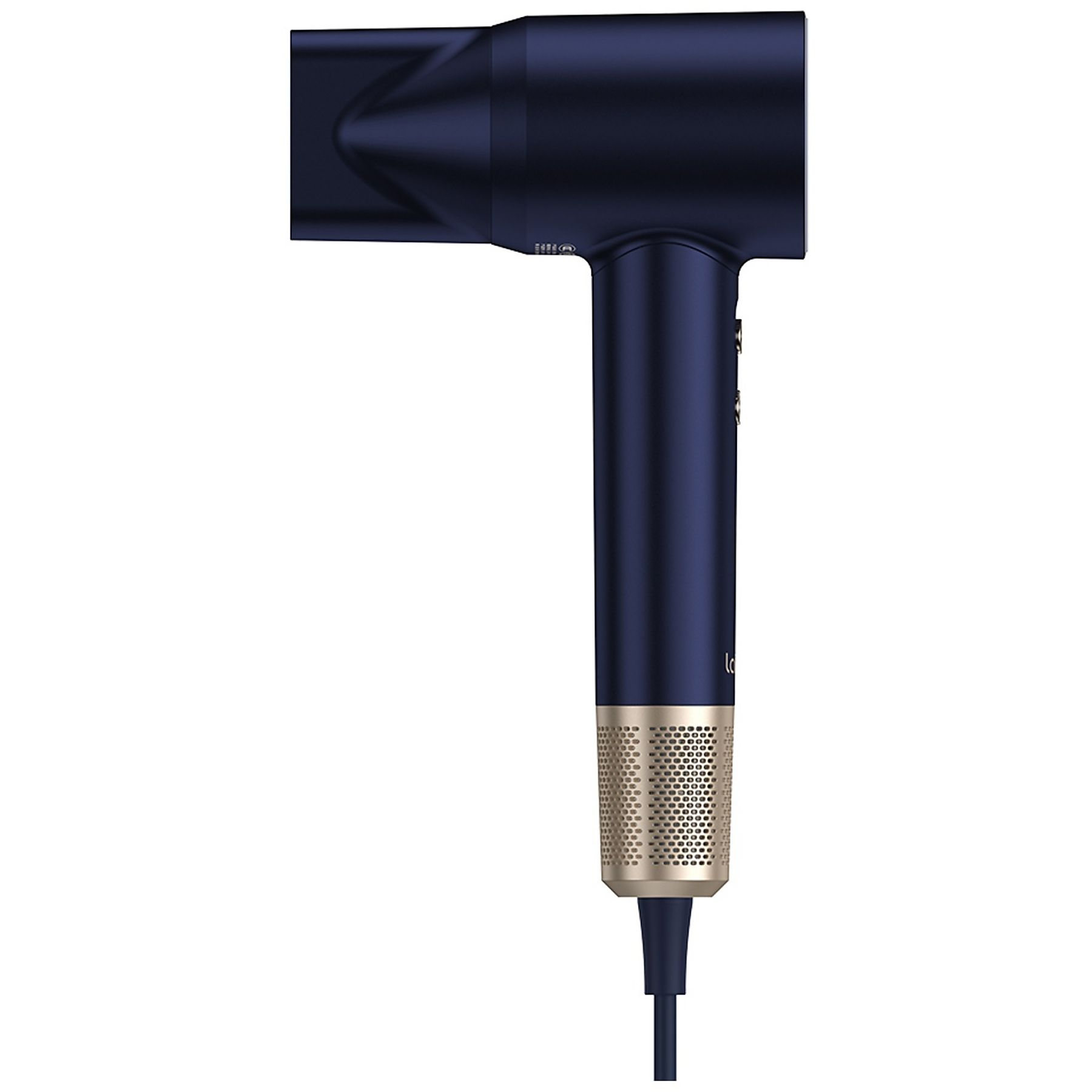 Un asciugacapelli blu navy con dettagli dorati, su sfondo bianco.