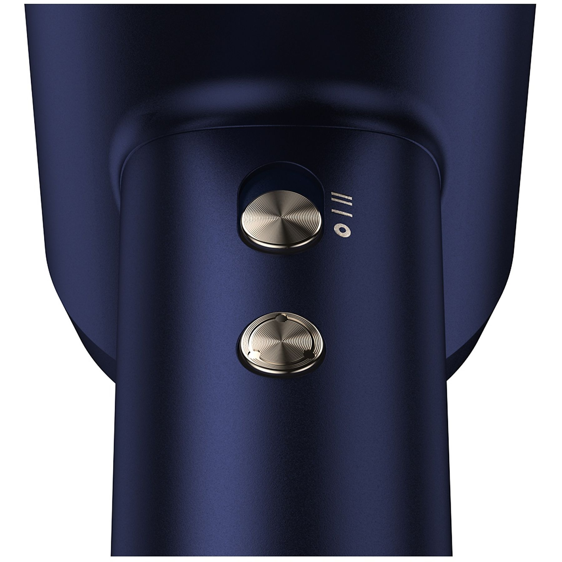 Un primo piano di un dispositivo blu scuro con due pulsanti metallici. I pulsanti sono circolari con cerchi concentrici.