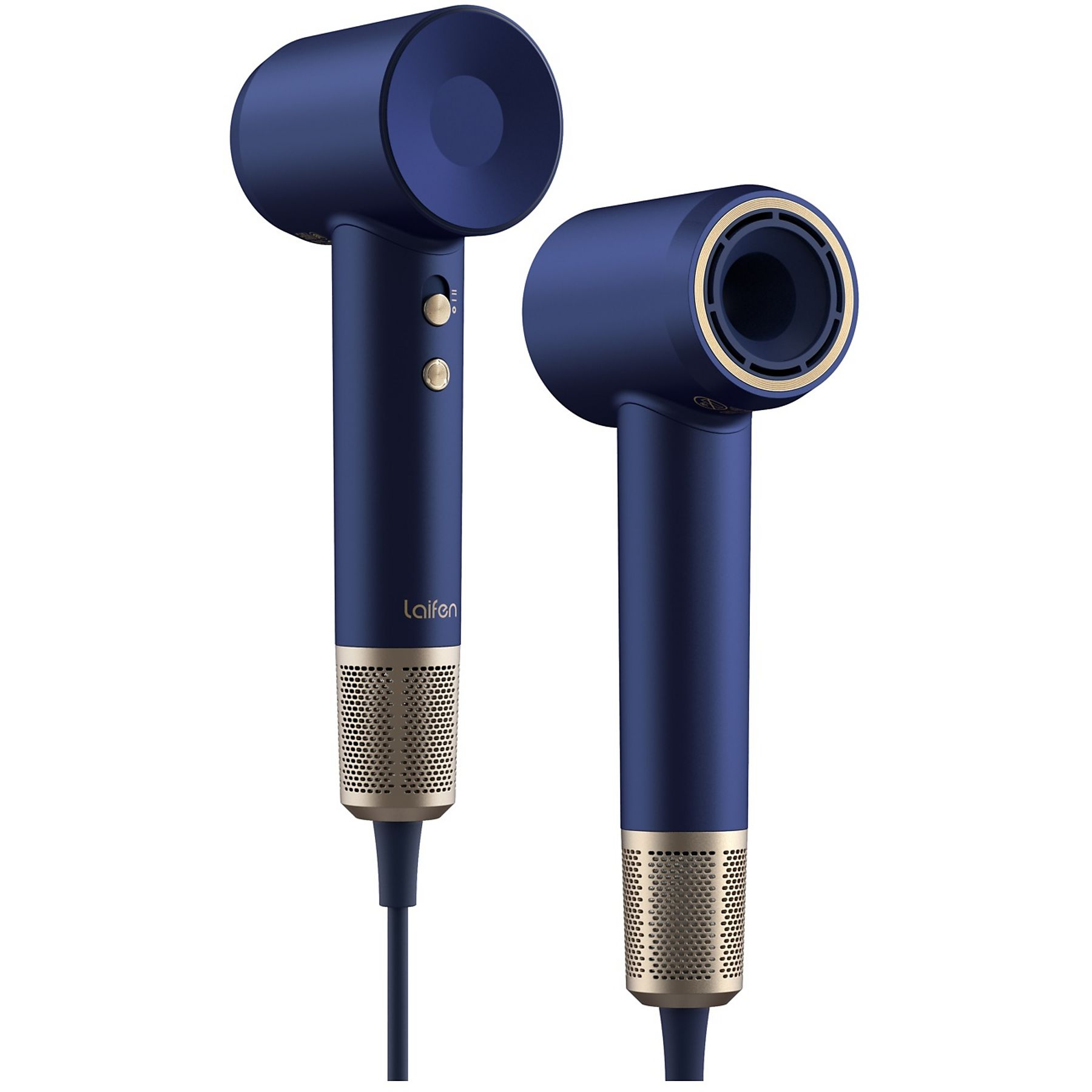 Due asciugacapelli blu navy con dettagli dorati, uno con estremità circolare e l'altro con ugello. Lo sfondo è bianco.