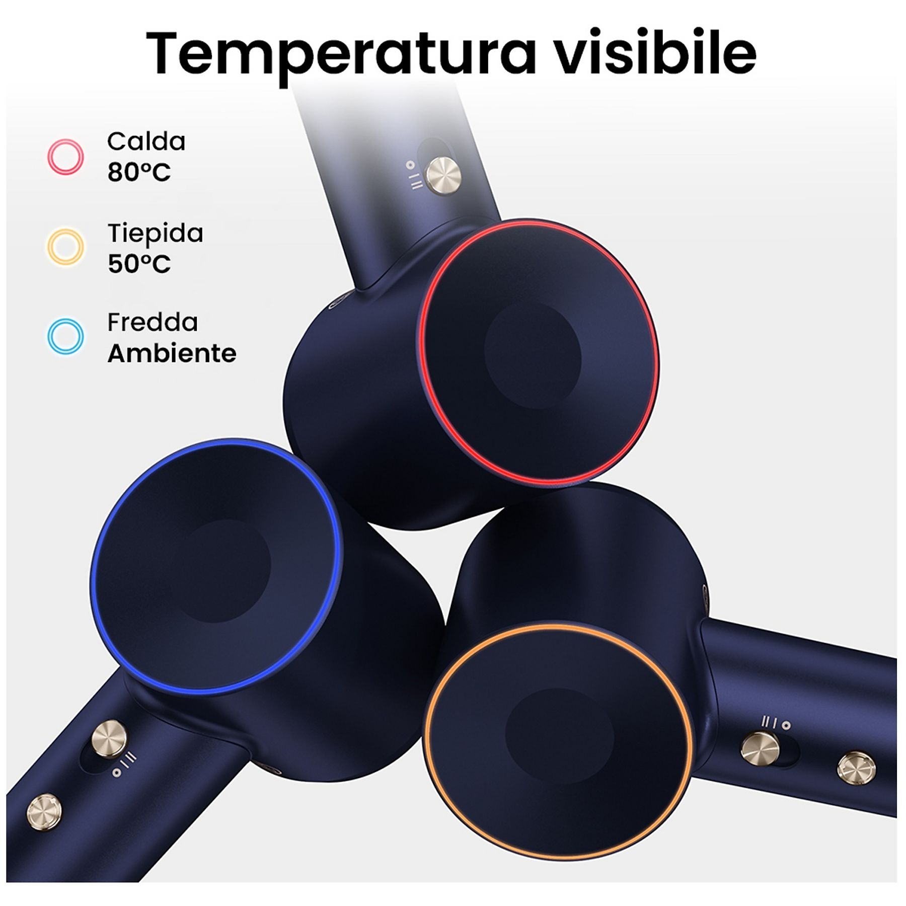Tre dispositivi blu scuro con bordi colorati (rosso, arancione e blu) che indicano le impostazioni di temperatura.