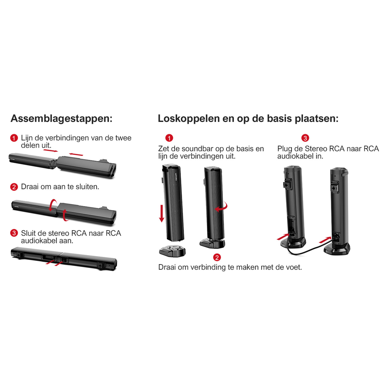 Diagram met montage stappen en plaatsing op de basis met pijlen die richtingen aangeven voor het verbinden van onderdelen en kabels.