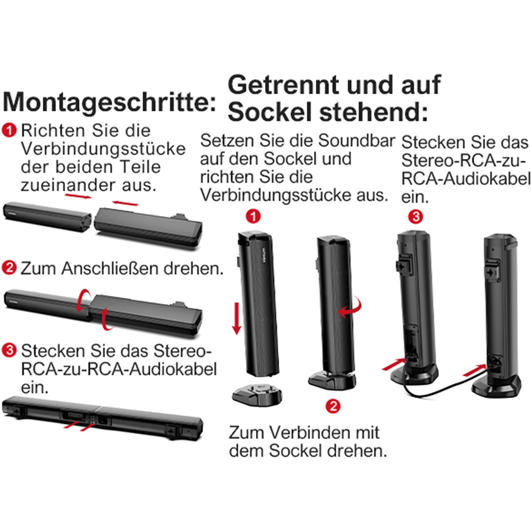 Montageanleitung zeigt das Anschließen einer Soundbar. Schritte umfassen das Ausrichten von Teilen und Anschließen von Kabeln.