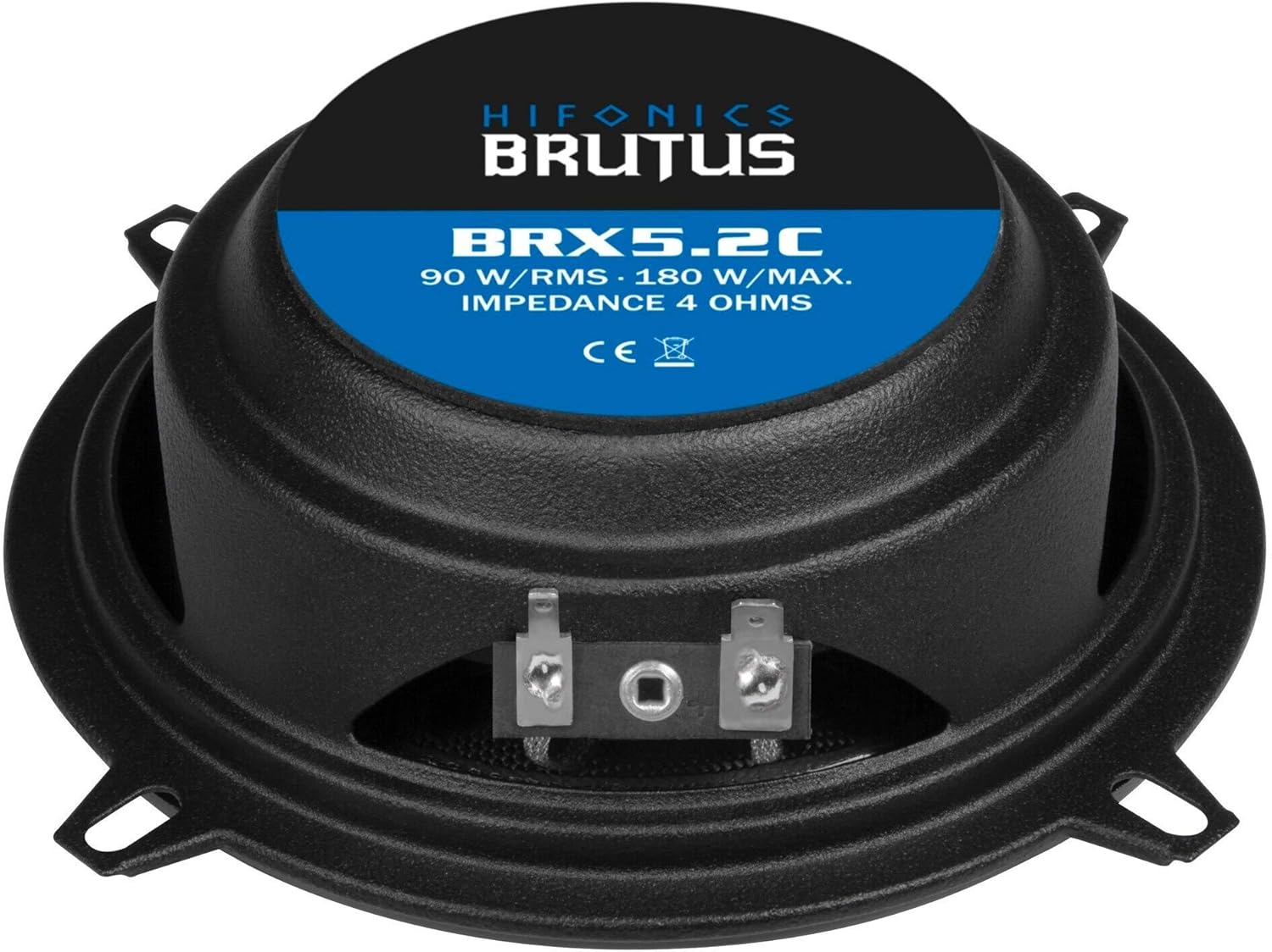 Schwarzer Lautsprecher mit blau-weißem Etikett mit 'Hifonics Brutus BRX5.2C' und Spezifikationen. Anschlüsse sichtbar.