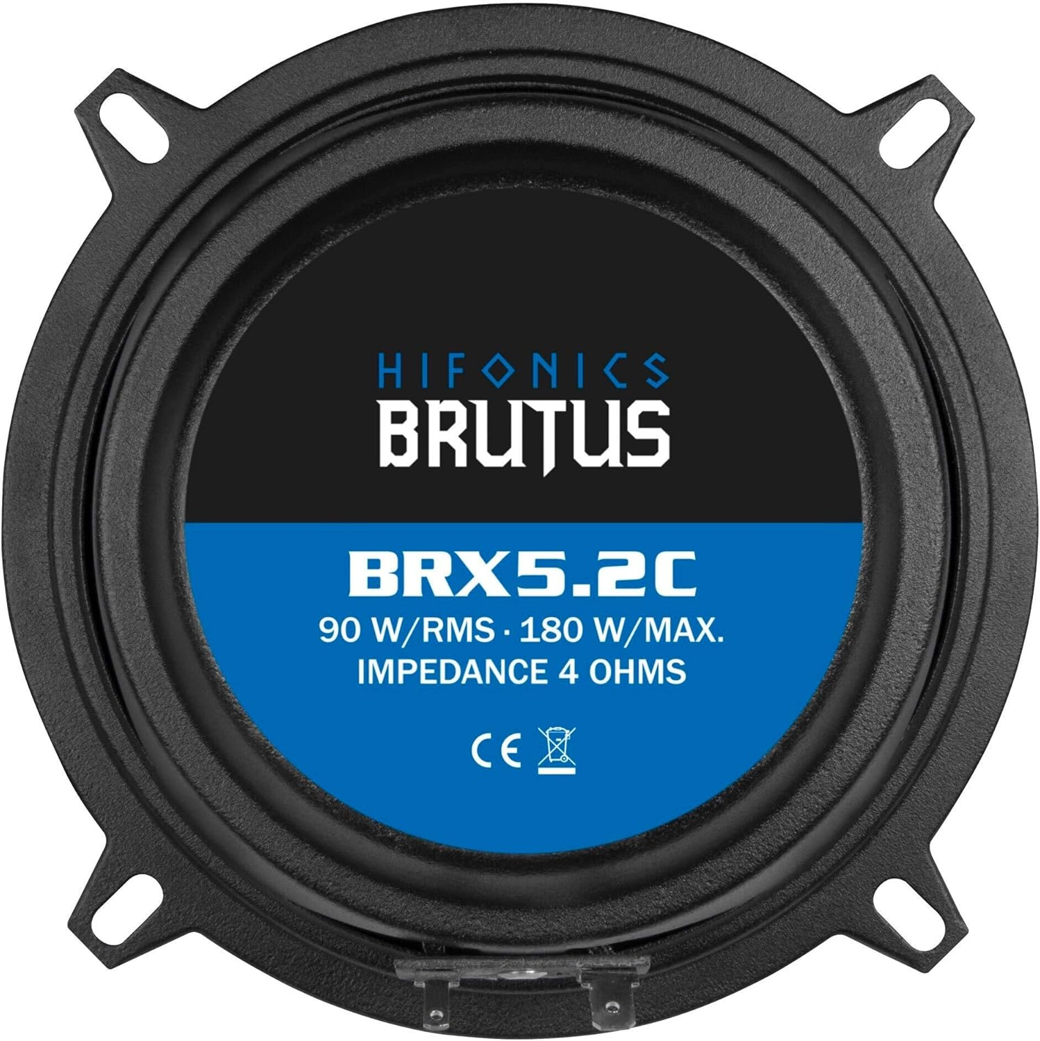 Ein runder Lautsprecher mit der Marke 'HIFONICS BRUTUS'. Der Lautsprecher ist schwarz, mit einem blau-schwarzen Zentrum, das Produktinfo anzeigt.