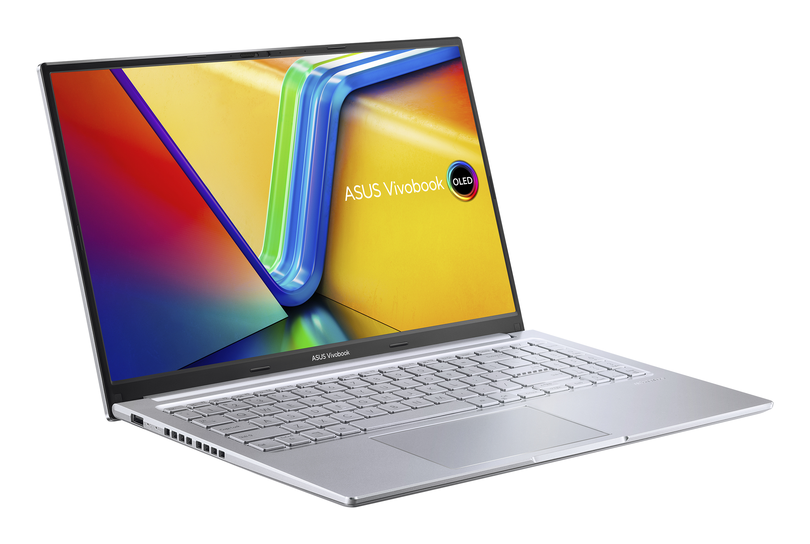 Srebrny laptop, otwarty, z kolorową grafiką. Widoczne logo 'ASUS Vivobook OLED'. Białe tło.