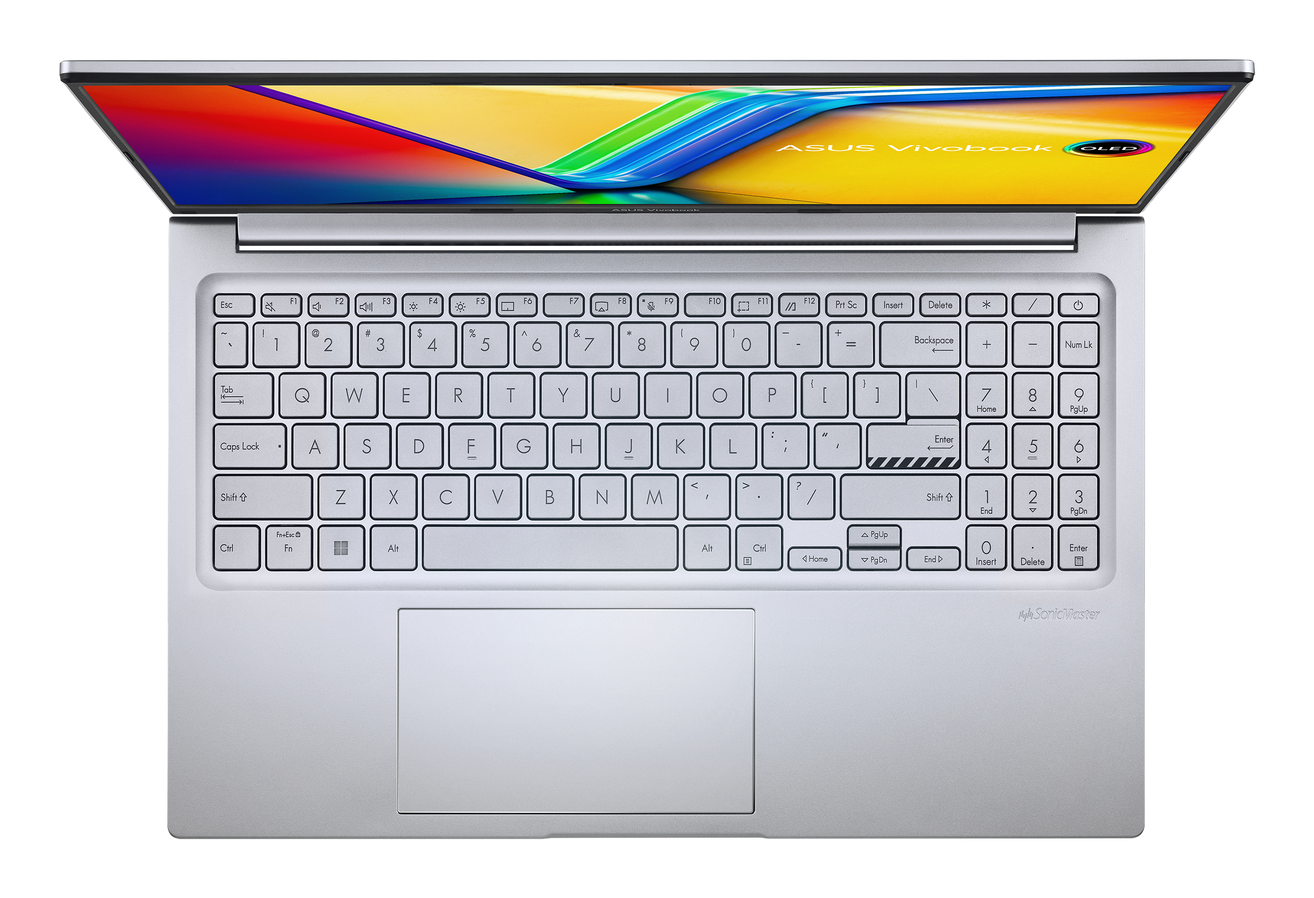 Srebrny laptop, otwarty. Widoczna klawiatura, kolorowy ekran z logo ASUS Vivobook.