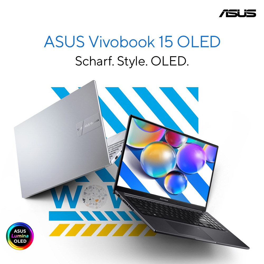 Dwa laptopy ASUS Vivobook 15 OLED na białym tle z niebieskimi i żółtymi paskami. Ekrany wyświetlają kolorowe kule.