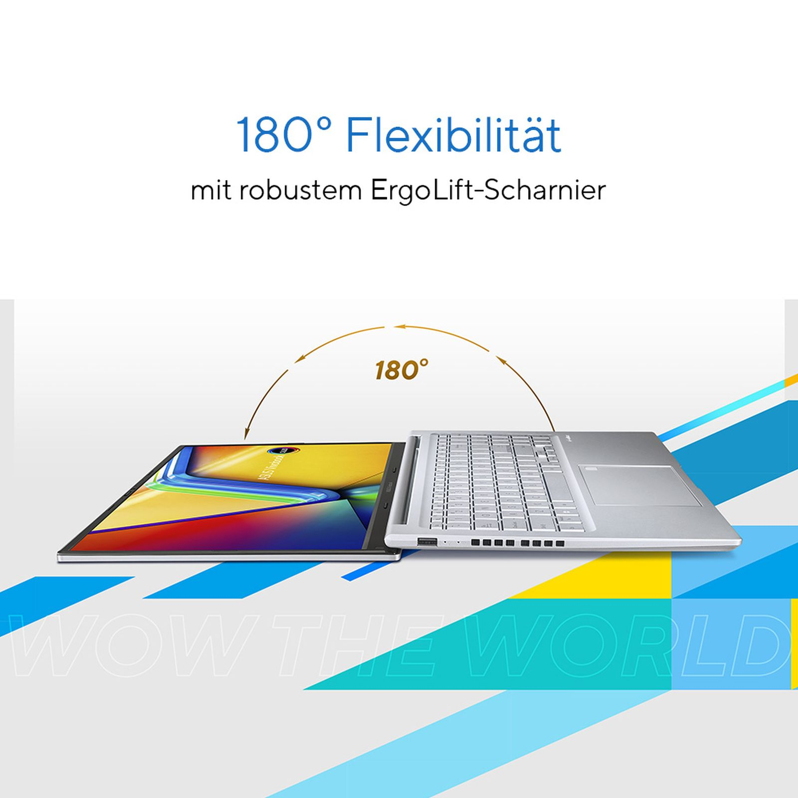 Laptop pokazujący elastyczność 180°. Otwarty, srebrny laptop na kolorowym tle. Tekst: 180° Elastyczność.