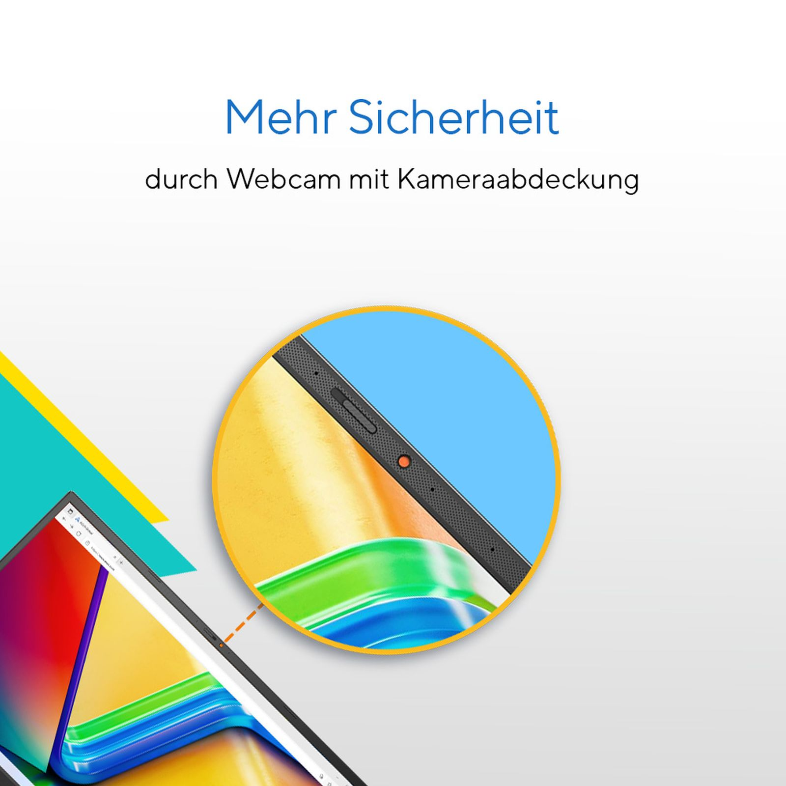 Szczegół laptopa z osłoną kamery. Niebieskie, żółte i zielone tło. Tekst: Większe bezpieczeństwo dzięki osłonie kamery internetowej.