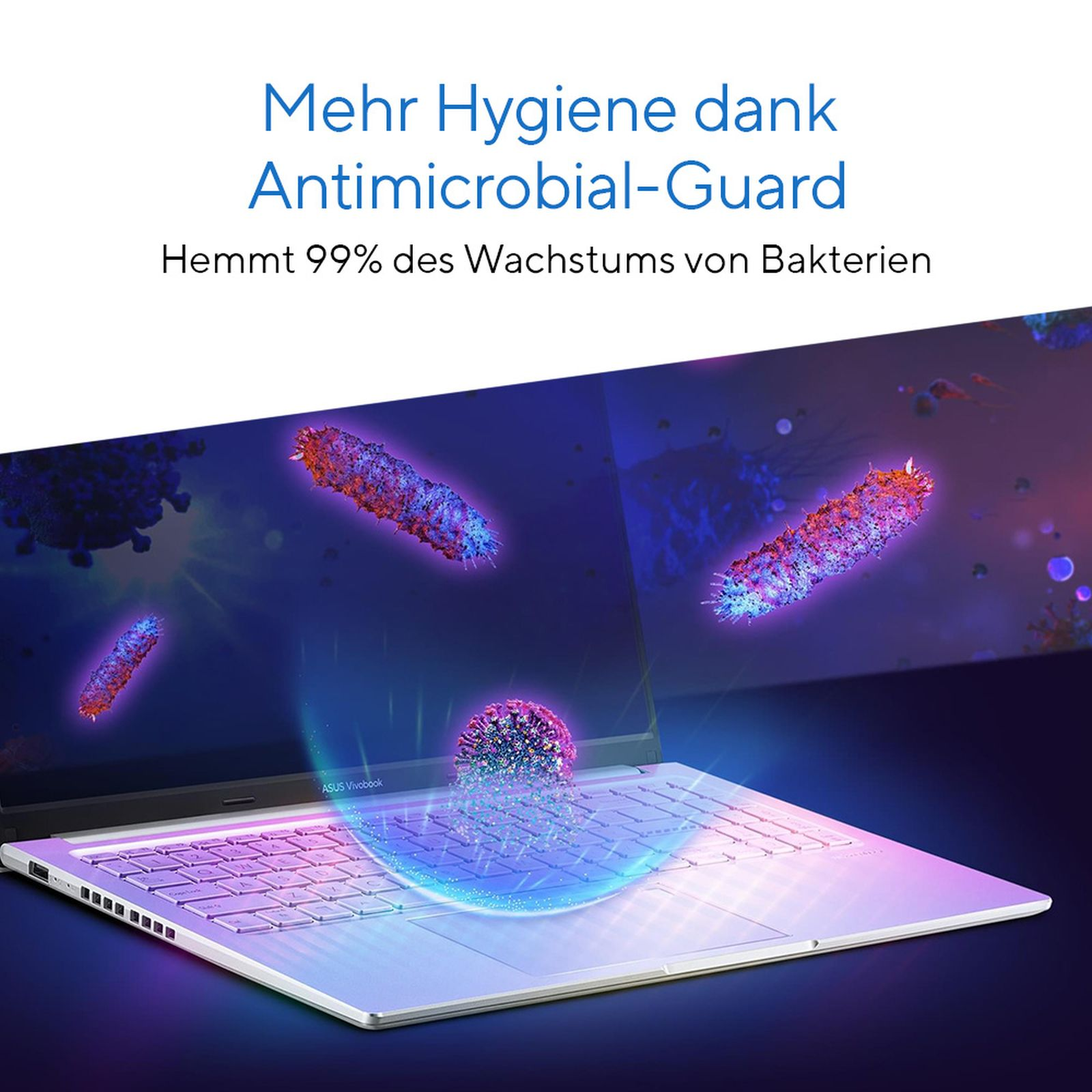 Laptop z świecącymi bakteriami promującymi ochronę antybakteryjną. Tekst: Mehr Hygiene dank Antimicrobial-Guard.